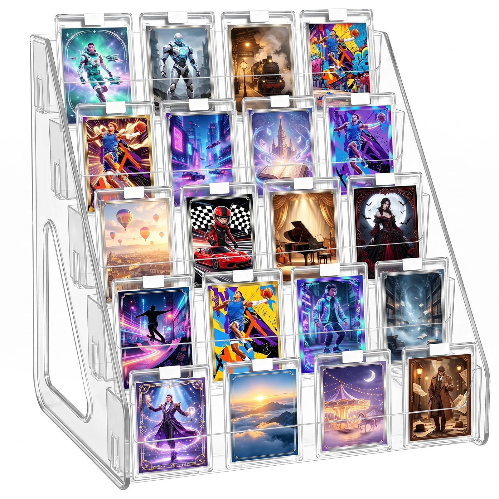 5-Tier Trading Card Display Stand Transparent Tiered Vertical Shelf Rack
