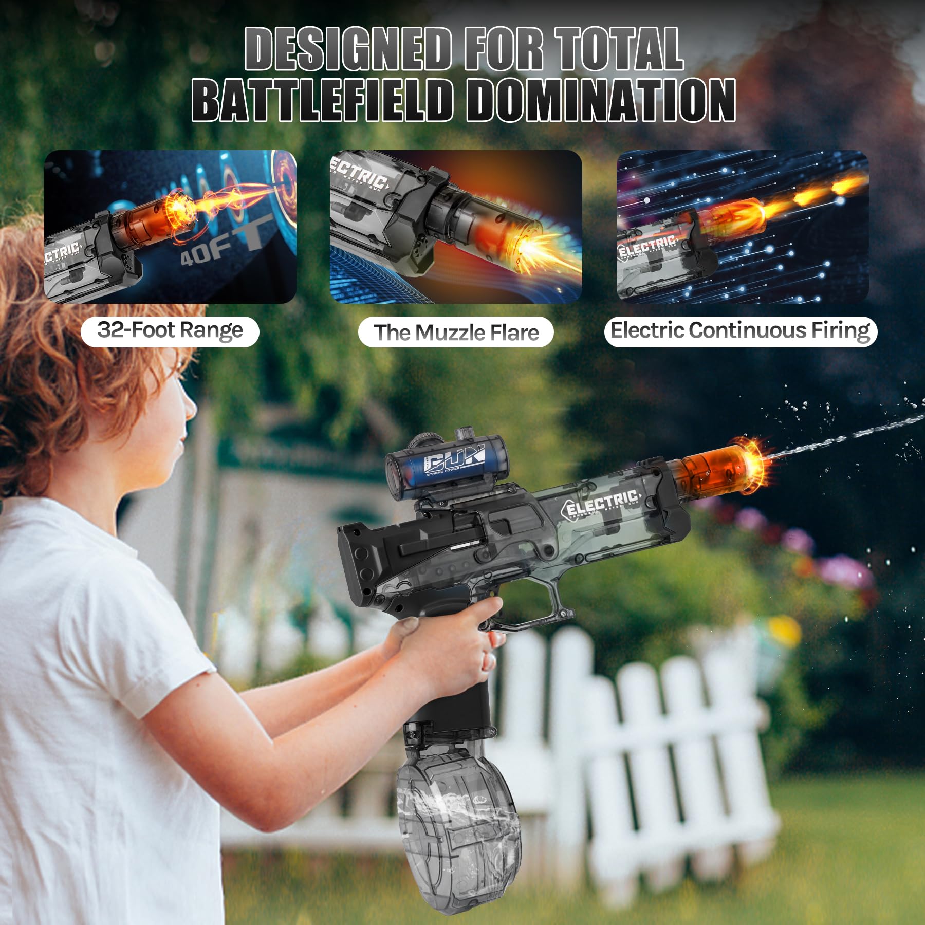 Electric Water Guns for Adults Kids, Ultimate Battle Blaster High-Performance with Glowing Flame Effect, High Capacity Automatic Leak-Proof Super Balster, Squirt Gun for Summer Pool Beach(1Black)