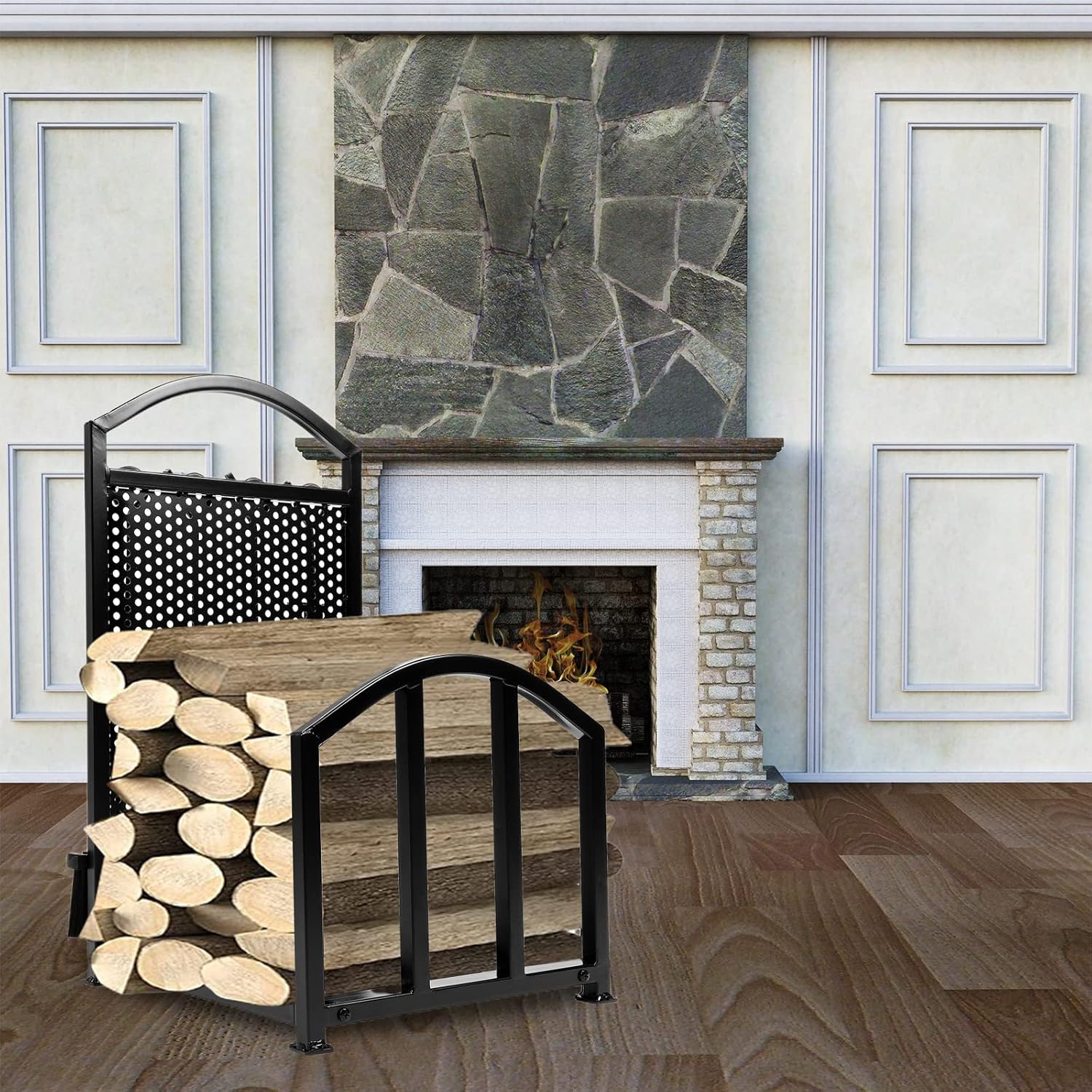 HECASA Firewood Rack with Fireplace Tools Set Indoor Fireplace Wood Holders Outdoor Log Holders Rack Lumber Storage Stacking Log Bin Tool Set Accessories