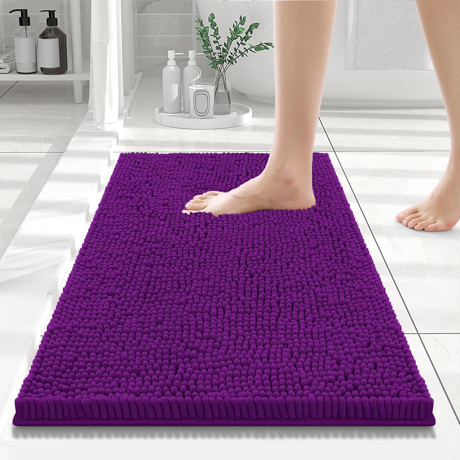 Smiry Luxury Chenille Bathroom Rugs 24x16, Extra Soft and Absorbent Shaggy Bath Mat, Machine Washable, Non-Slip Plush Carpet Runner for Tub, Shower,