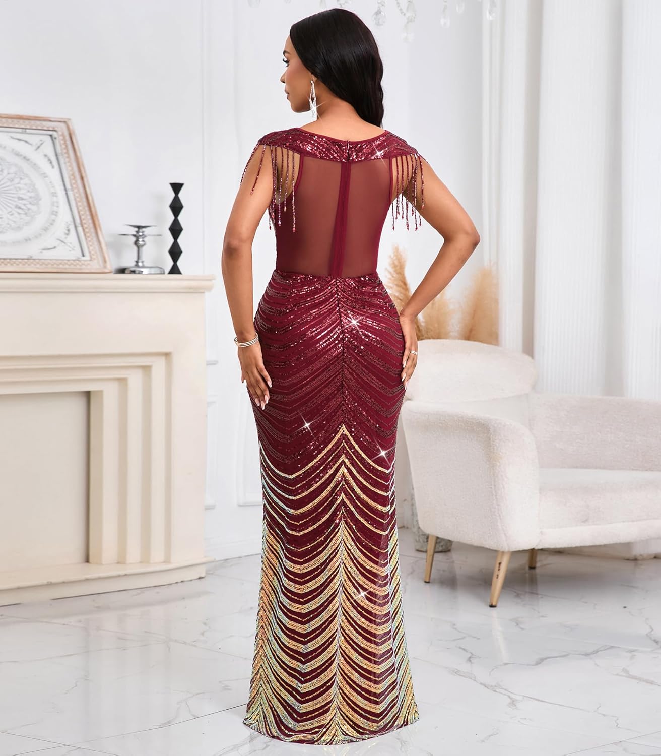 Cololura Women Sexy Sequin Tassel Mesh Perspective Gold Threads Patchwork Bodycon Party Cocktail Evening Gown Dress - Image 6