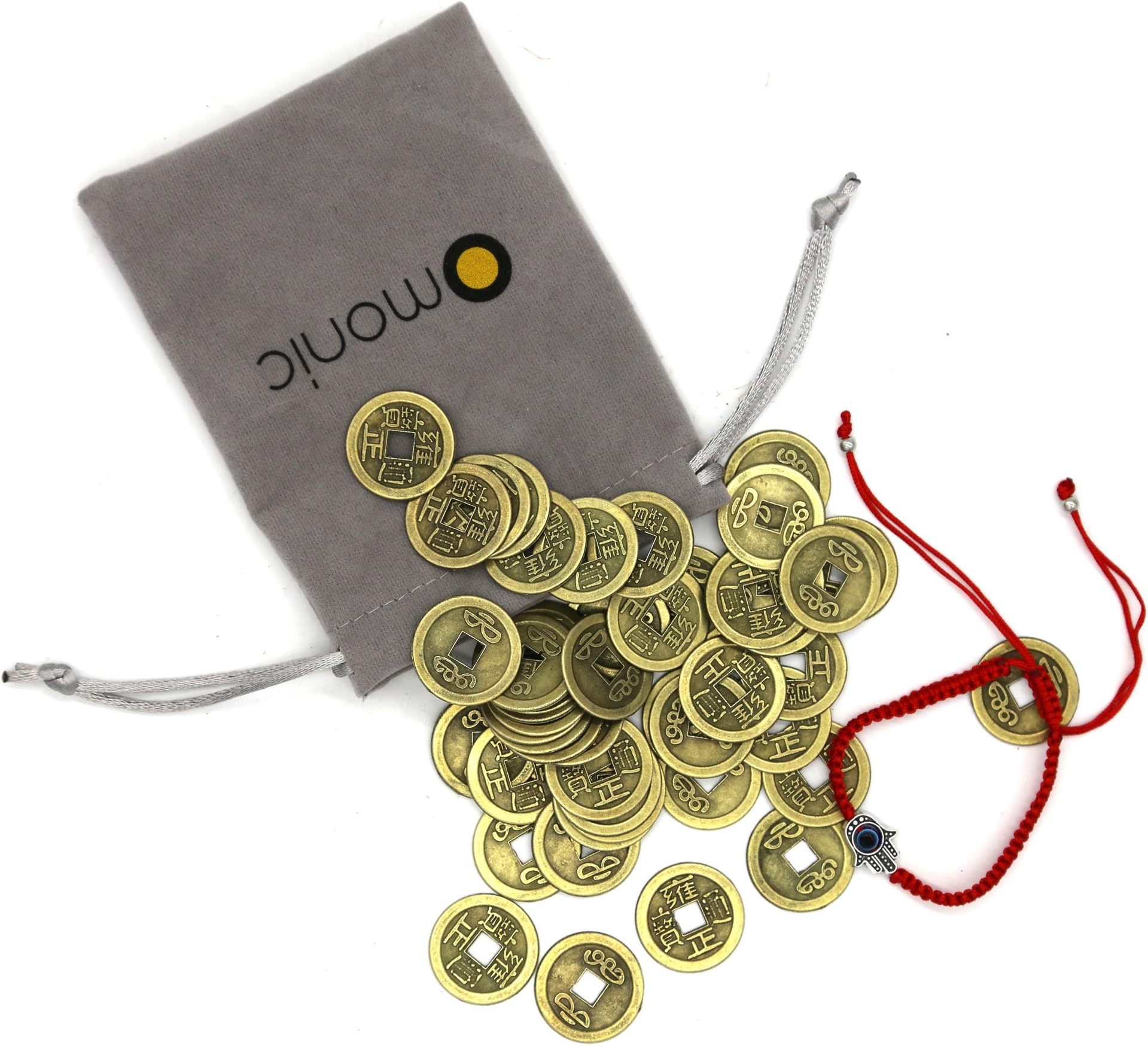 50pcs Chinese Feng Shui Coins FengShui Fortune Coin 24mm (0.82") + Evil Eye Hamsa Red String Kabbalah Bracelet for Wealth and Success Men women lucky gift
