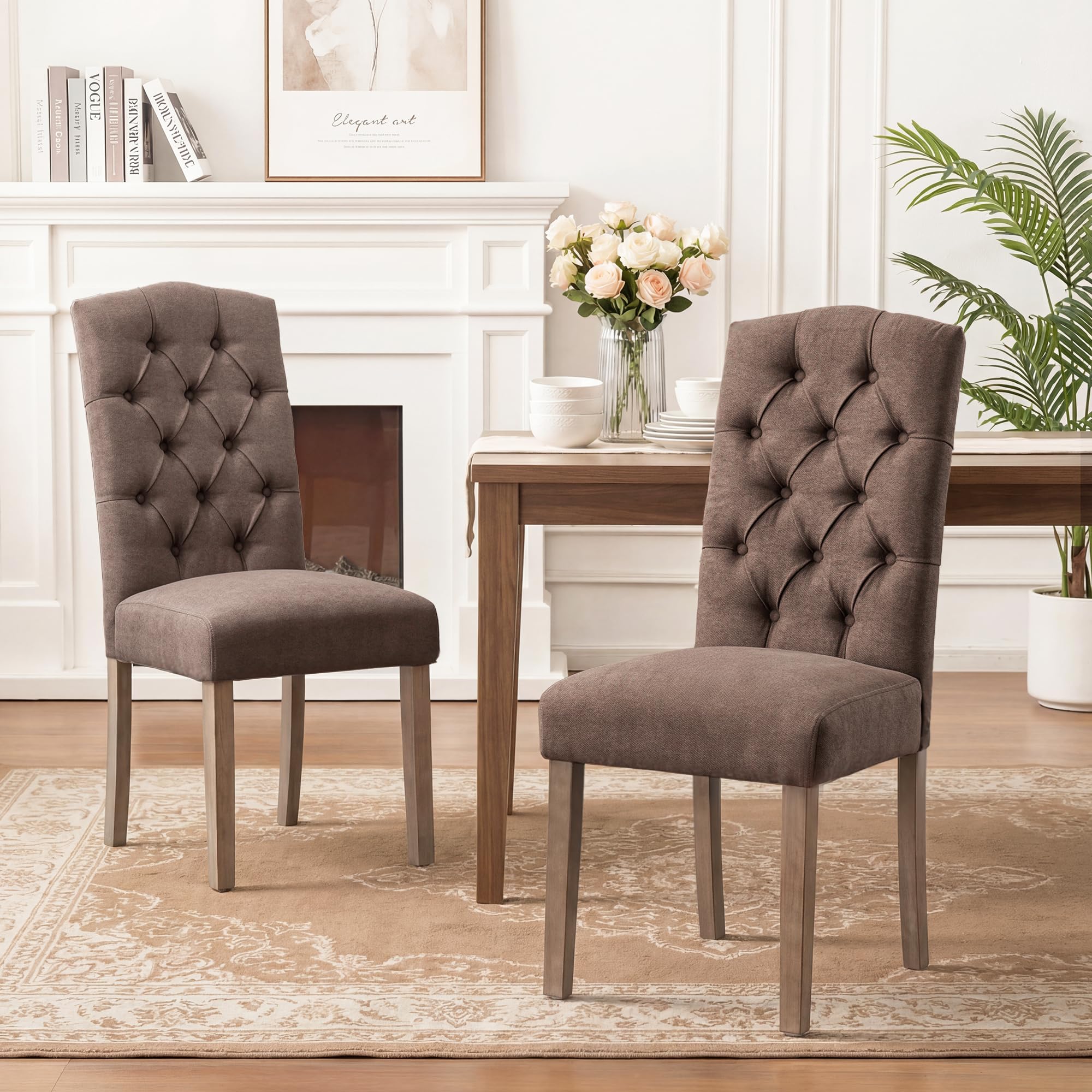 tufted upholstered parsons dining chair set fabric diner accent stylish modern kitchen living room with button sturdy solid wood legs, 2-pack