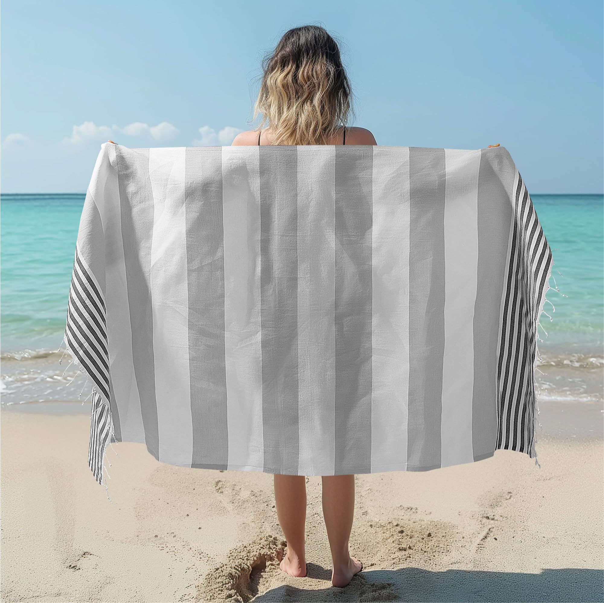 JEMIDI Toalla Turca de Playa - Toalla Playa Grande 100x180cm - Toalla Playa Fina Secado Rápido - Toallas de Playa Sauna Picnic - Toalla Pareo Playa de 100% Algodón - Rayas Grises