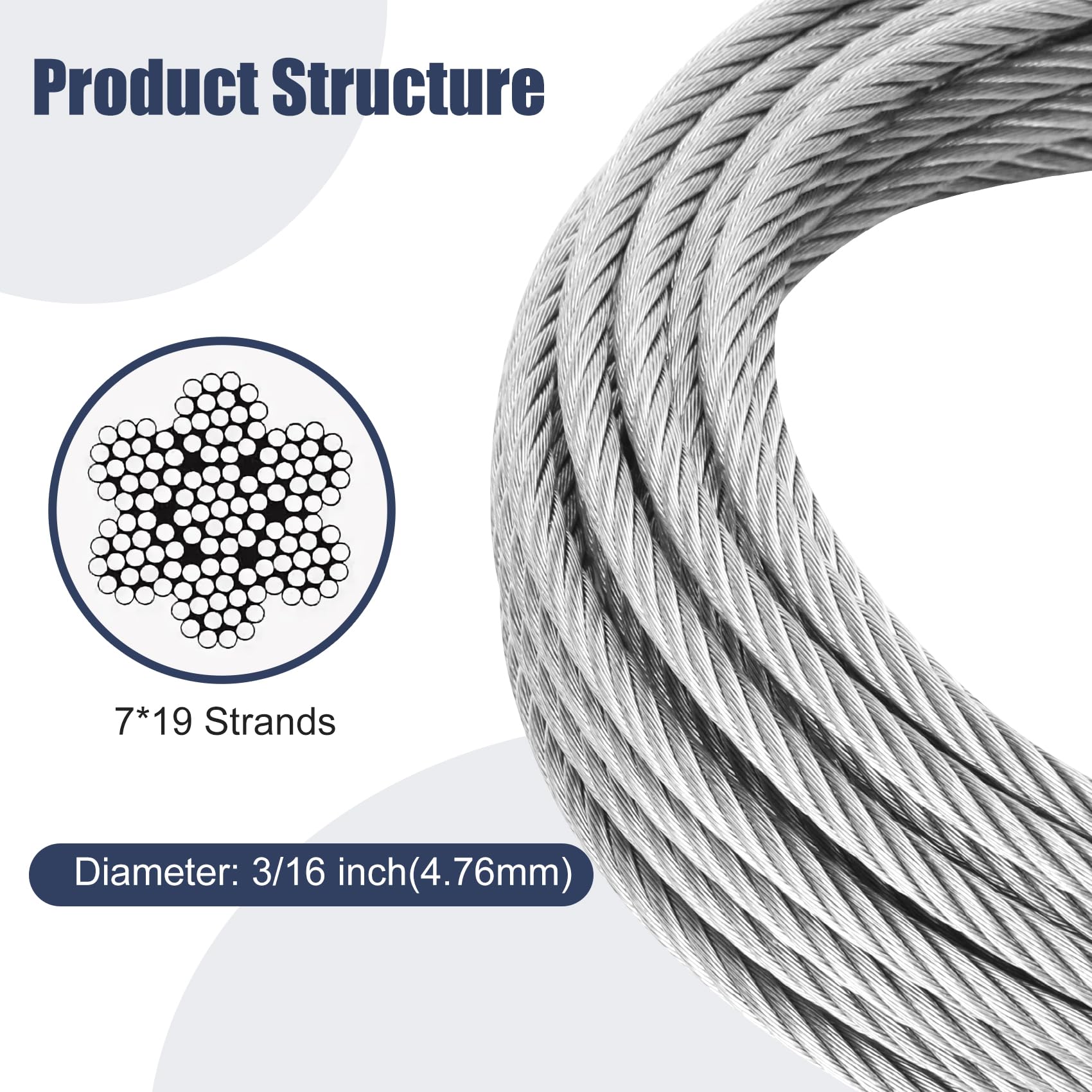3/8" Steel Aircraft Cable 7x19 Hot-Dipped Galvanized Steel Wire Rope (250 Ft 3/8" 7x19 Cable, With 6 Cable Clamps