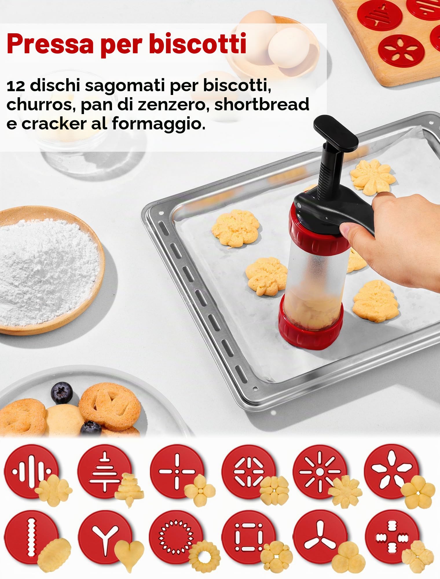 GDL Sparabiscotti con 12 Stencil e 10 Beccucci, Siringa Stampi per Biscotti Fatti in Casa, Spara Biscotti per Frolla, Churros e Decorazioni per Torte (Rosso)