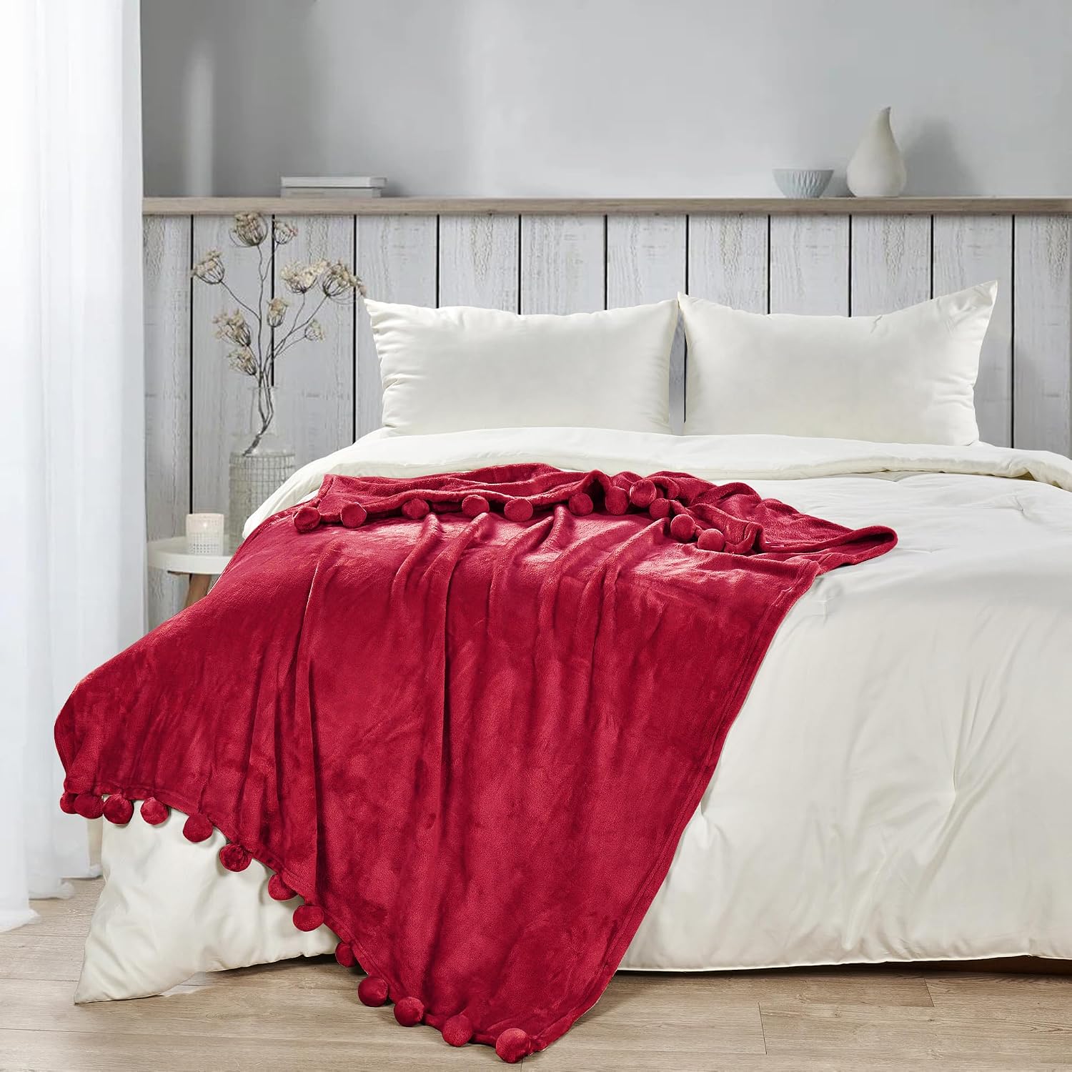 HESTIN Super Soft Flannel Throw with Pompom Fringe, Warm Cozy Christmas Blankets for Couch, Sofa, Bed, Camping, Outdoor Throw- All Seasons,Decorative Home Decor Gift Solid Blanket, Red, 60" x 80"