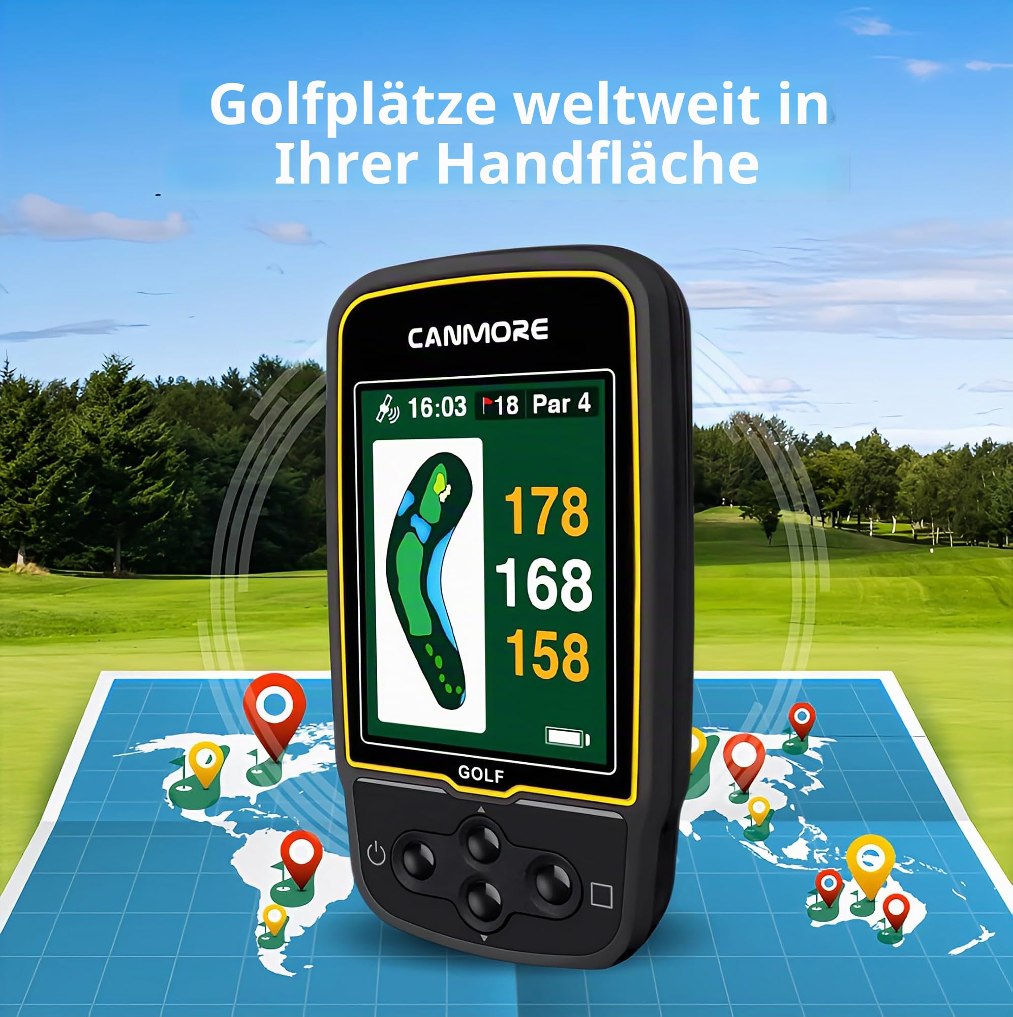 CANMORE HG500 Golf GPS – Extra großes, gut ablesbares Farbdisplay, vorinstallierte 41.000 Golfplätze weltweite Form des Grüns und des Fairways (schwarz)