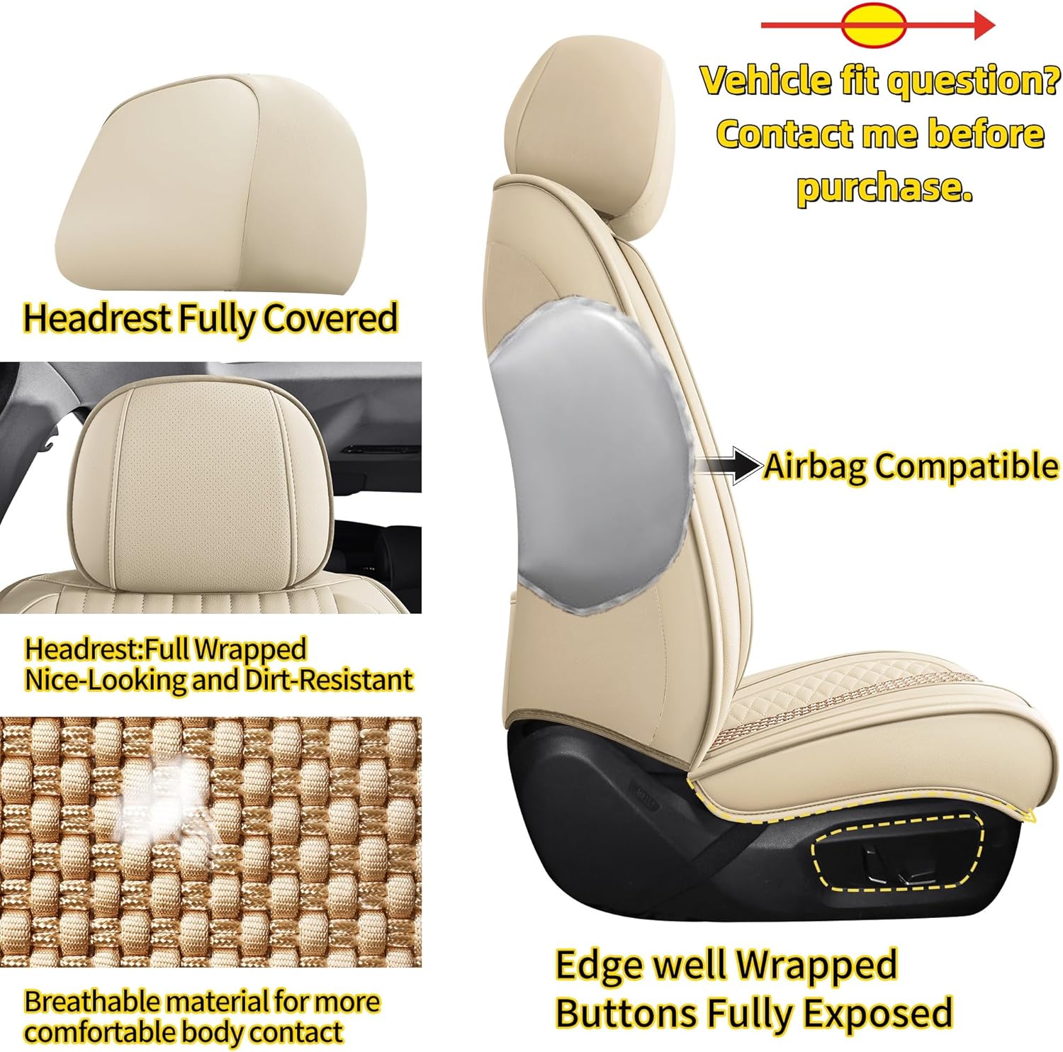 chezope car seat covers full set, beige leather seat covers, breathable front and back car seat protectors, wear-resistant seat covers universal fit for most cars suv truck (beige-stripes-b, full set) beige-stripes-b full set