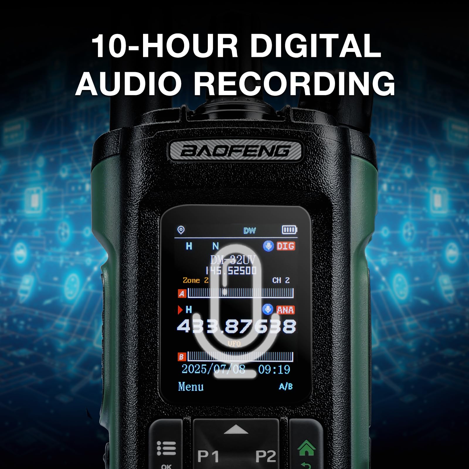 Radio DMR BAOFENG DM-32UV 10 W, UHF/VHF/AM/FM Portable avec GPS et APRS numérique, Double Emplacement Tier II, écran Couleur 2", 4 000 canaux, 50 000 Contacts, étui de Transport, Vert
