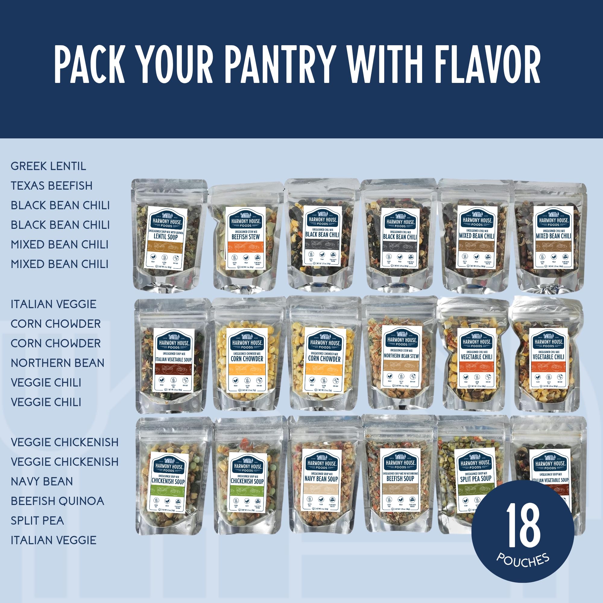 Harmony House Trail Ready Gourmet Soup and Chili Pack – 18 Count Variety Pack, Resealable Zip Pouches, For Cooking, Camping, Emergency Supply and More