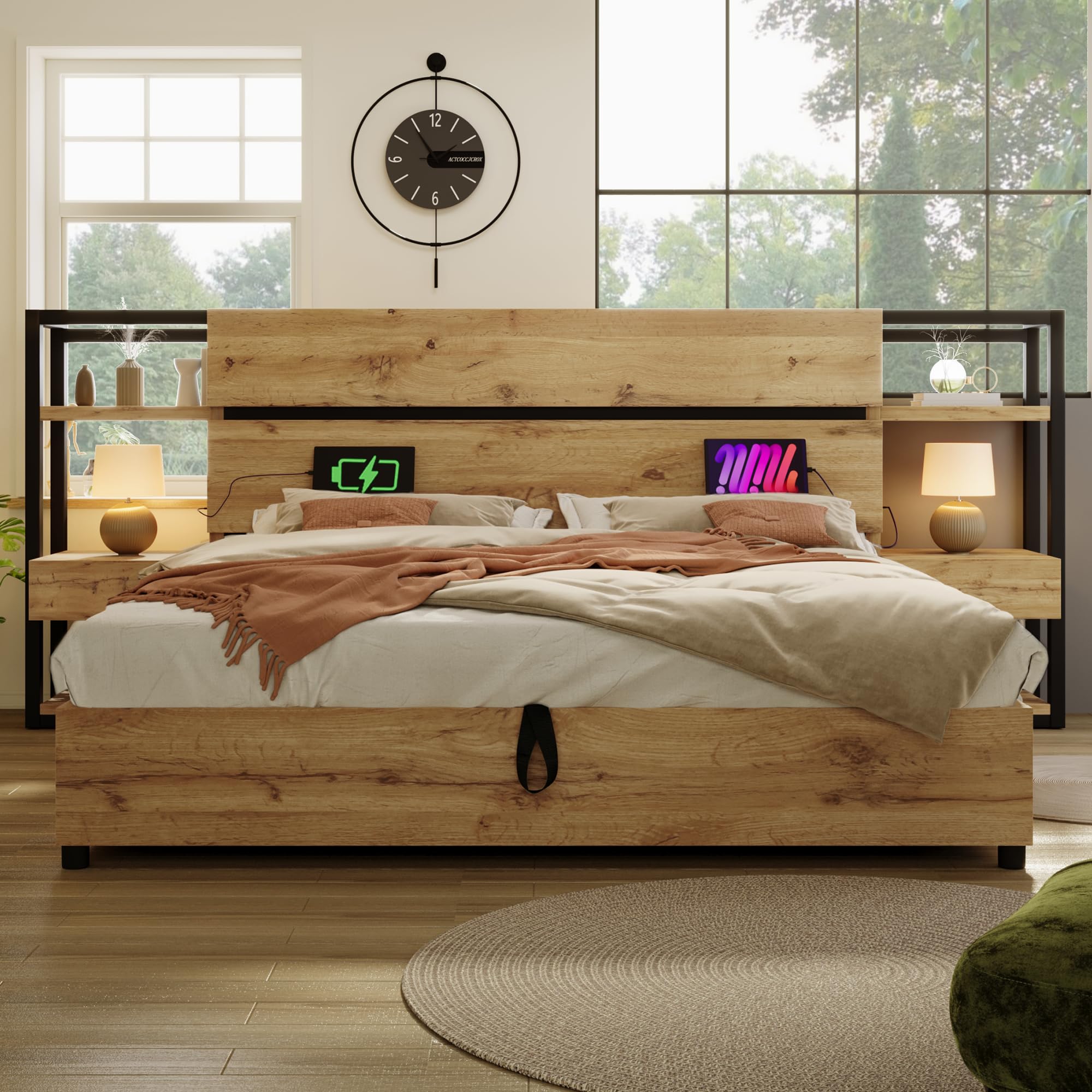 Letto matrimoniale 160x200 con cassetti e porta di ricarica USB e Type-C, Letto in legno con contenitore idraulico，Struttura letto matrimoniale Legno Rovere (Senza Materasso)