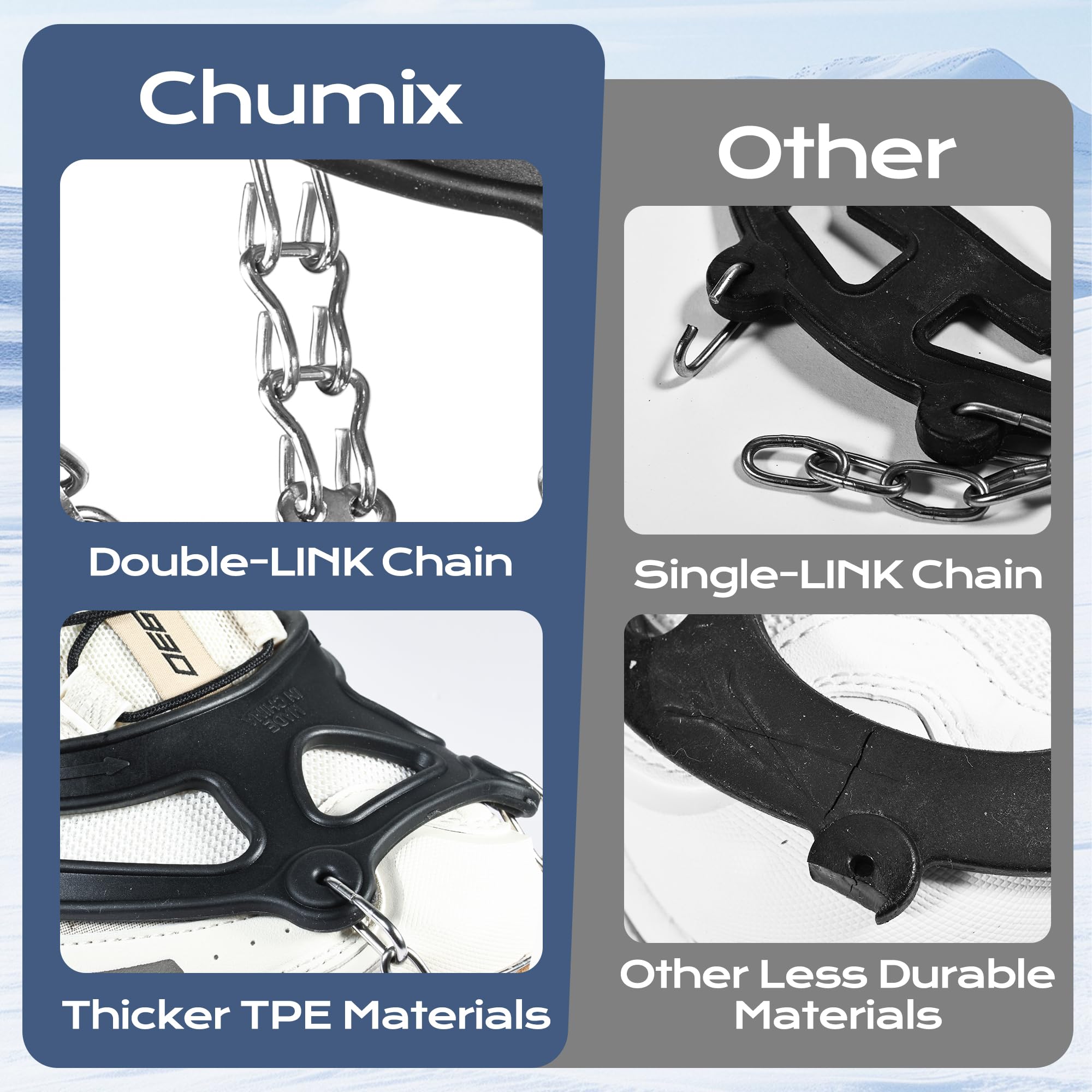 Chumix Ramponi per Scarponi, 26 Denti 201 Catene in Acciaio Inossidabile Portatile Ramponcini, Leggeri Ramponi da Ghiaccio Protezione Sicura, per Camminare, Jogging, Pesca, Camp