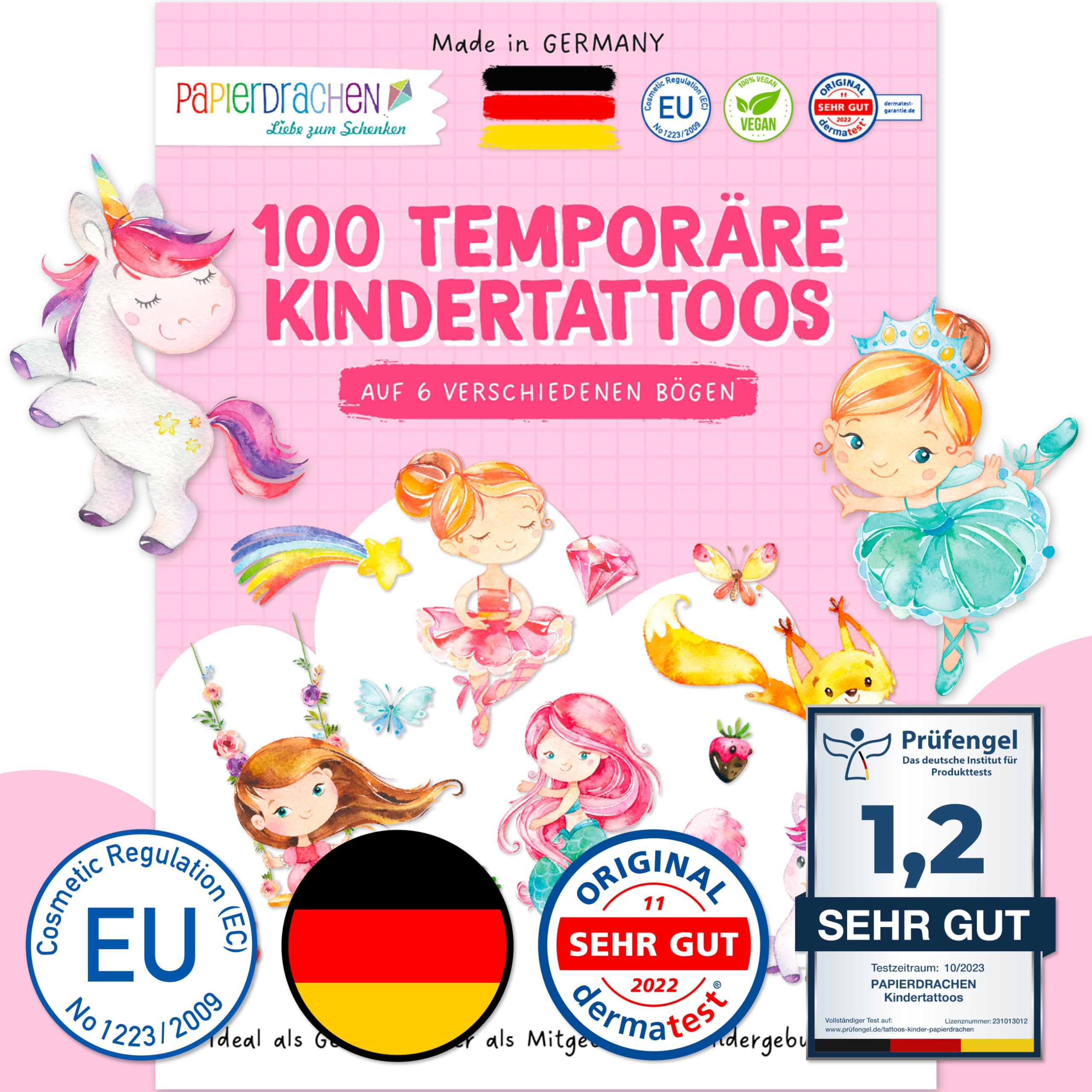 Papierdrachen 100 Tattoos Kinder - Motive mit Tieren - Hautfreundliche & Getestete Kindertattoos - Kinder Tattoo Mädchen & Tatoo Jungen - Tattoo Kinder Designs Klebetattoos - Geschenke Kinder