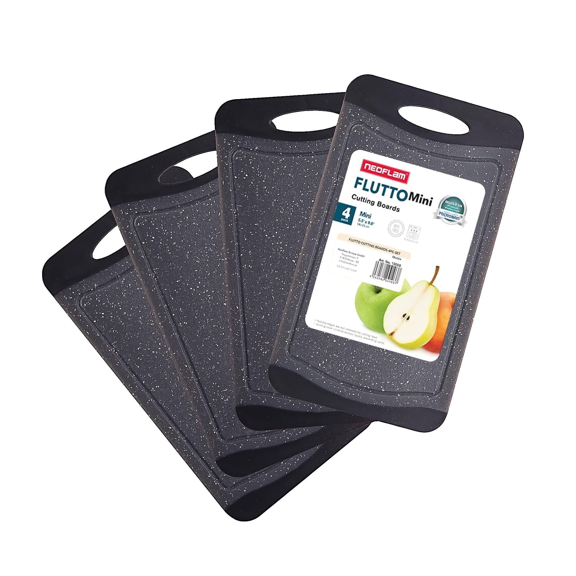 NEOFLAM® Frühstücksbrettchen rutschfest 25x14cm 4er Set, Schneidebrett Kunststoff klein BPA-frei, Brettchen spülmaschinenfest & antibakteriell, Brotzeitbrett mit Saftrille & Griff, Marmoroptik schwarz