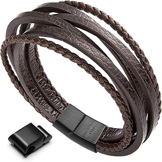murtoo Men's Multi-Layer Braided Leather Bracelet with Magnetic Clasp, 8.7in, Brown and Black
