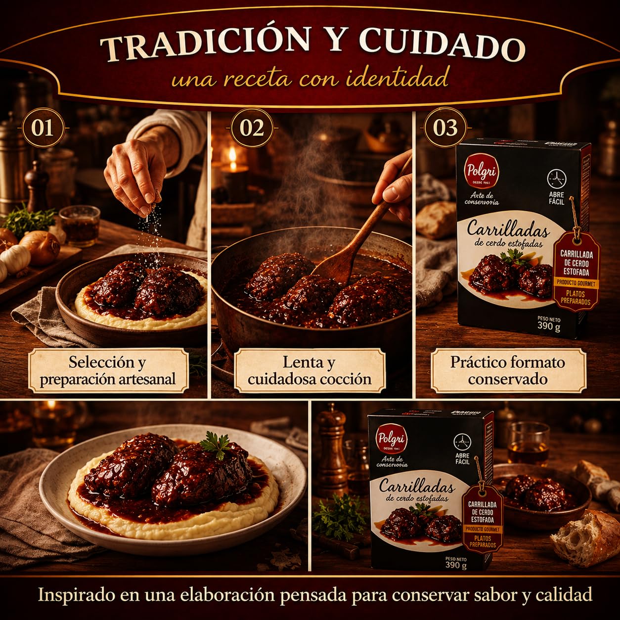 POLGRI Carrilladas de Cerdo Estofadas Conserva Gourmet Lata 390 g x 3 Carne Melosa Lista para Calentar