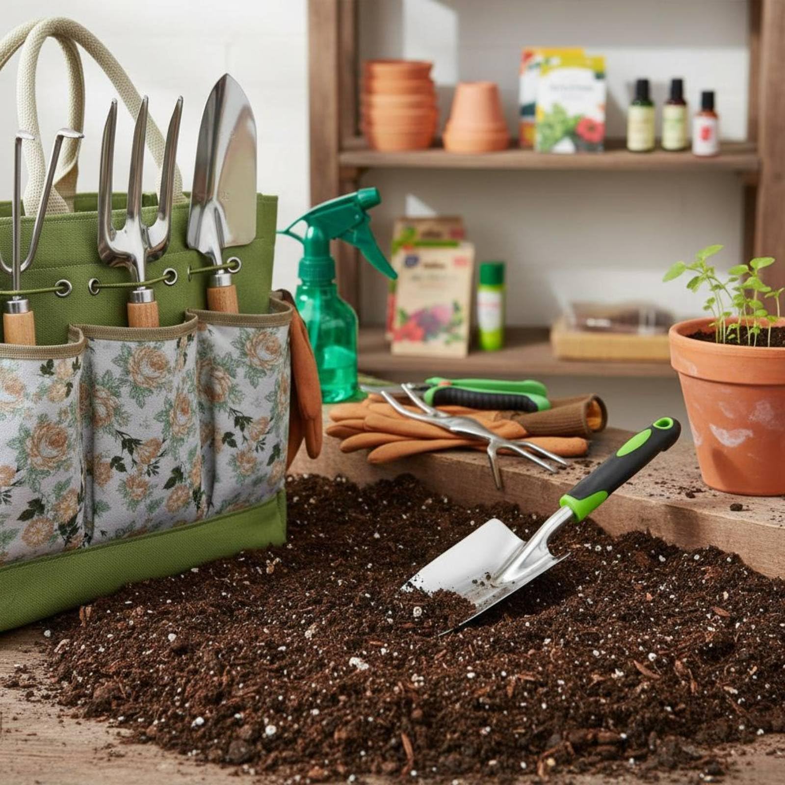 Gartengeräte Set Gartenwerkzeug Handwerkzeug Ausplantierer Blumenkelle Hacke Holzgriff Ermüdungsarm Tragbar mit Tragegriffen für Gemüsebeet Blumenrabatte, Stainless Steel 9PCS