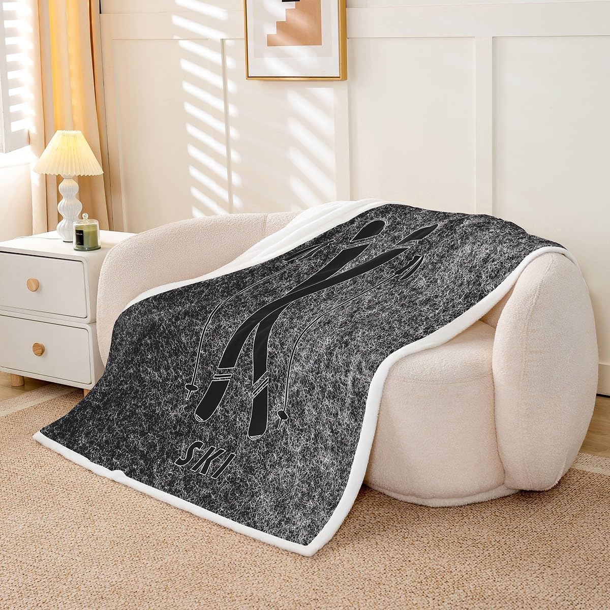 Erosebridal Ski Blanket Snowboard Ski Theme Throw Blanket for Bed Couch Chair,Dark Grey Black Winter Sports Fleece Blanket for Boys Girls Living Room Skiing Fuzzy Blanket 60"x80"