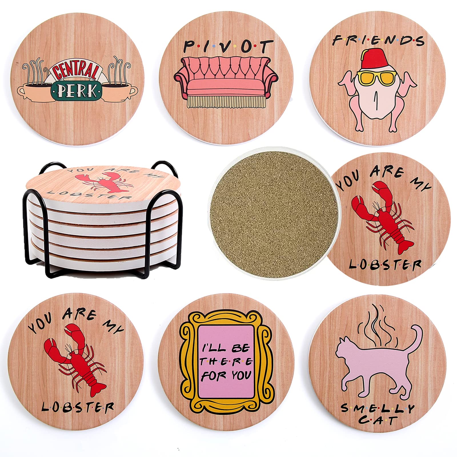 Friends Coasters with Holder, Absorbent Coaster with Cork Base, Ceramic Drink Coaster Sets of 6 for Tabletop Protection, Friends Themed Gifts for Home Decor, 4 Inches - Wood Pattern