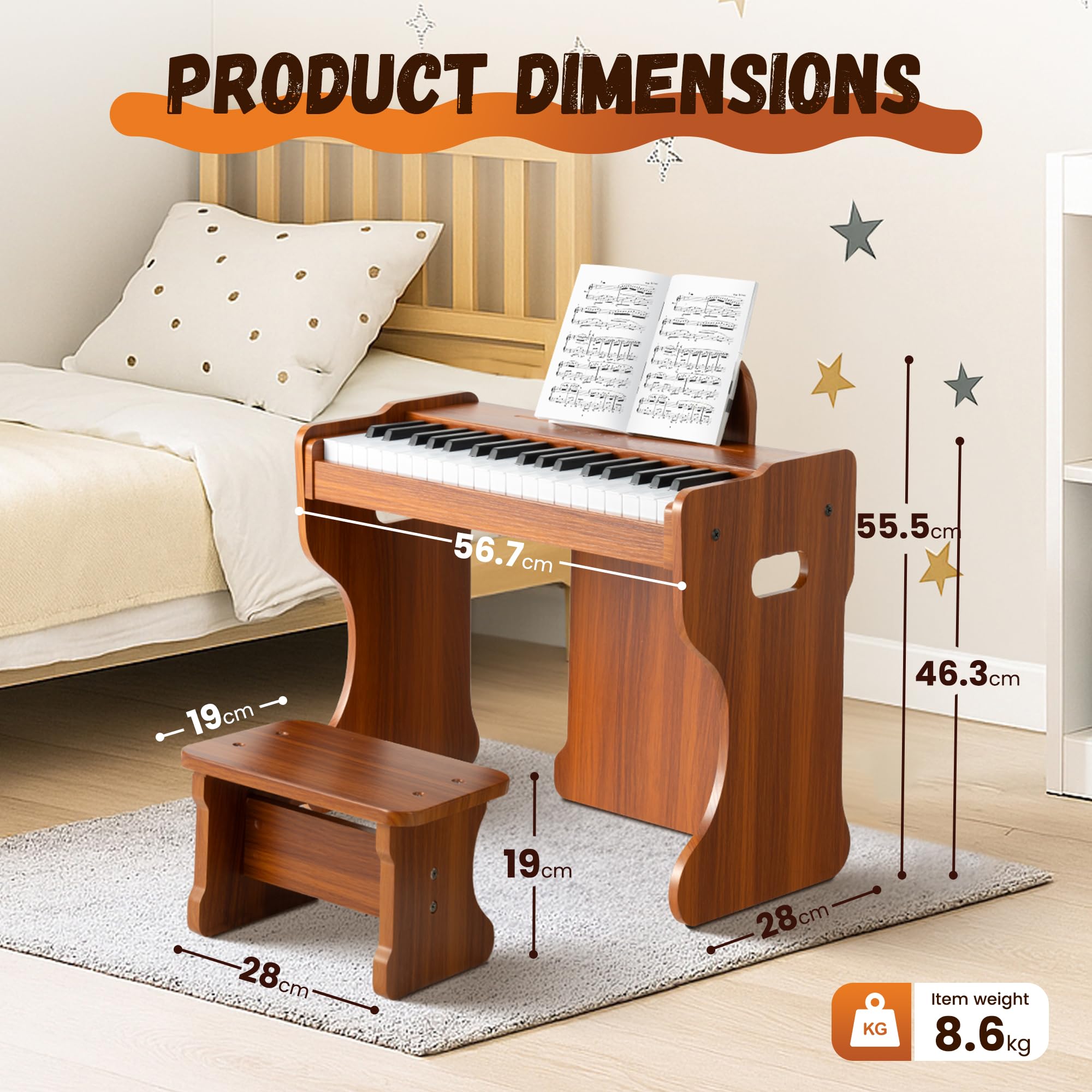 CAHAYA Pianoforte Digitale per Bambini in Legno - Pianoforte 37 Tasti per Bambini Piccoli, Giocattolo Piano per Neonati con Controlli Touch, Strumento Musicale Educativo in Legno