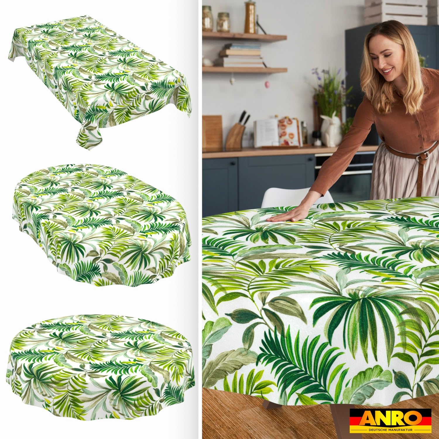 ANRO Nappe Lavable - Motif Palmiers - Ovale - 240 x 140 cm - Imperméable - pour l'intérieur et l'extérieur - Effet Lotus - Bord coupé