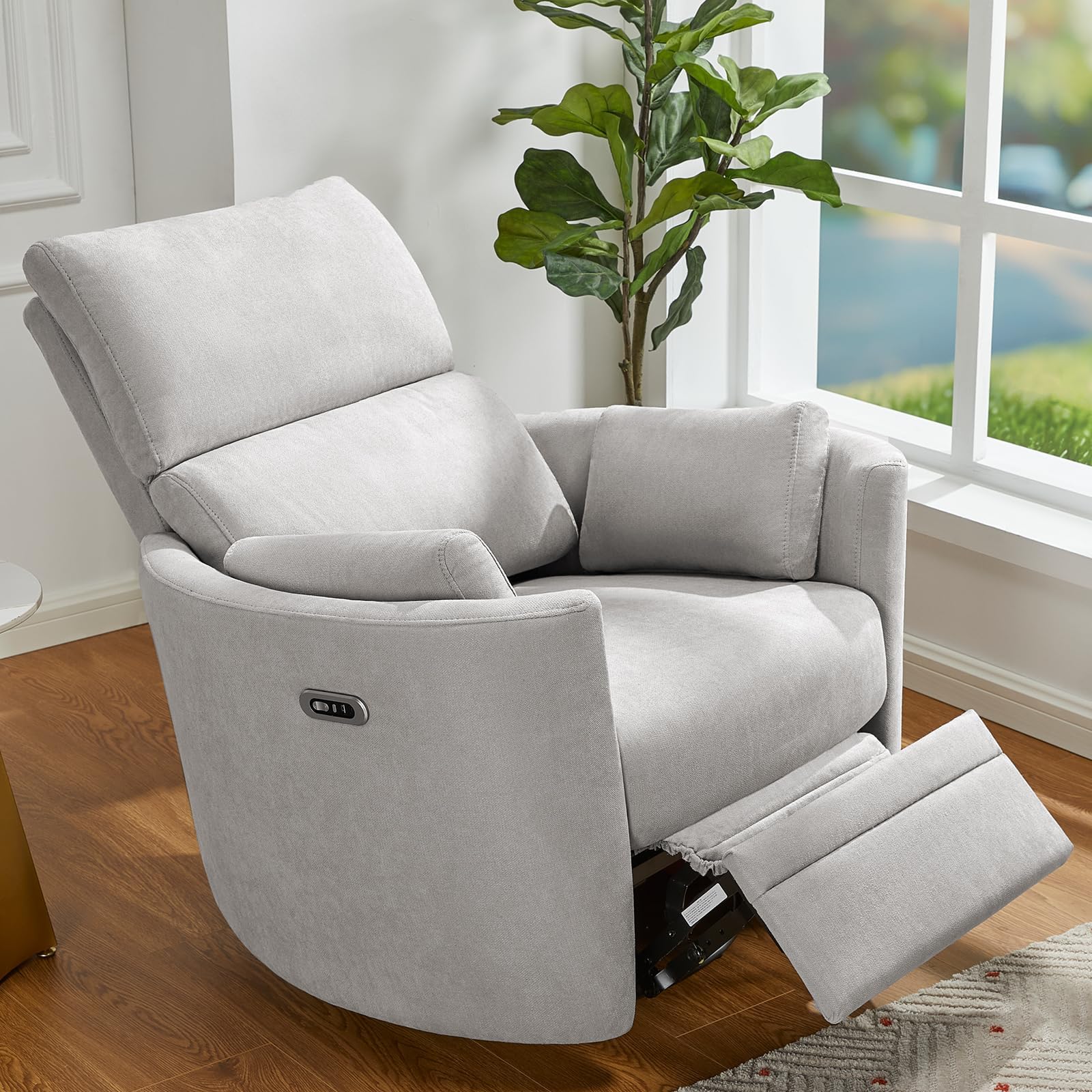 Jocisland Power Recliner Nursery Chair for Adults, Swivel Rocking Glider with 4 Massage Points, USB & Type-C Charge, 2 Pillows, Barrel Armchair Single Sofa for Living Room Bedroom, Light Grey