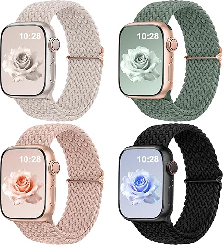 DaQin Paquete de 4 correas elásticas trenzadas Solo Loop para Apple Watch para mujeres y hombres, de 1.575 pulgadas, 1.614 pulgadas, 1.654 pulgadas,