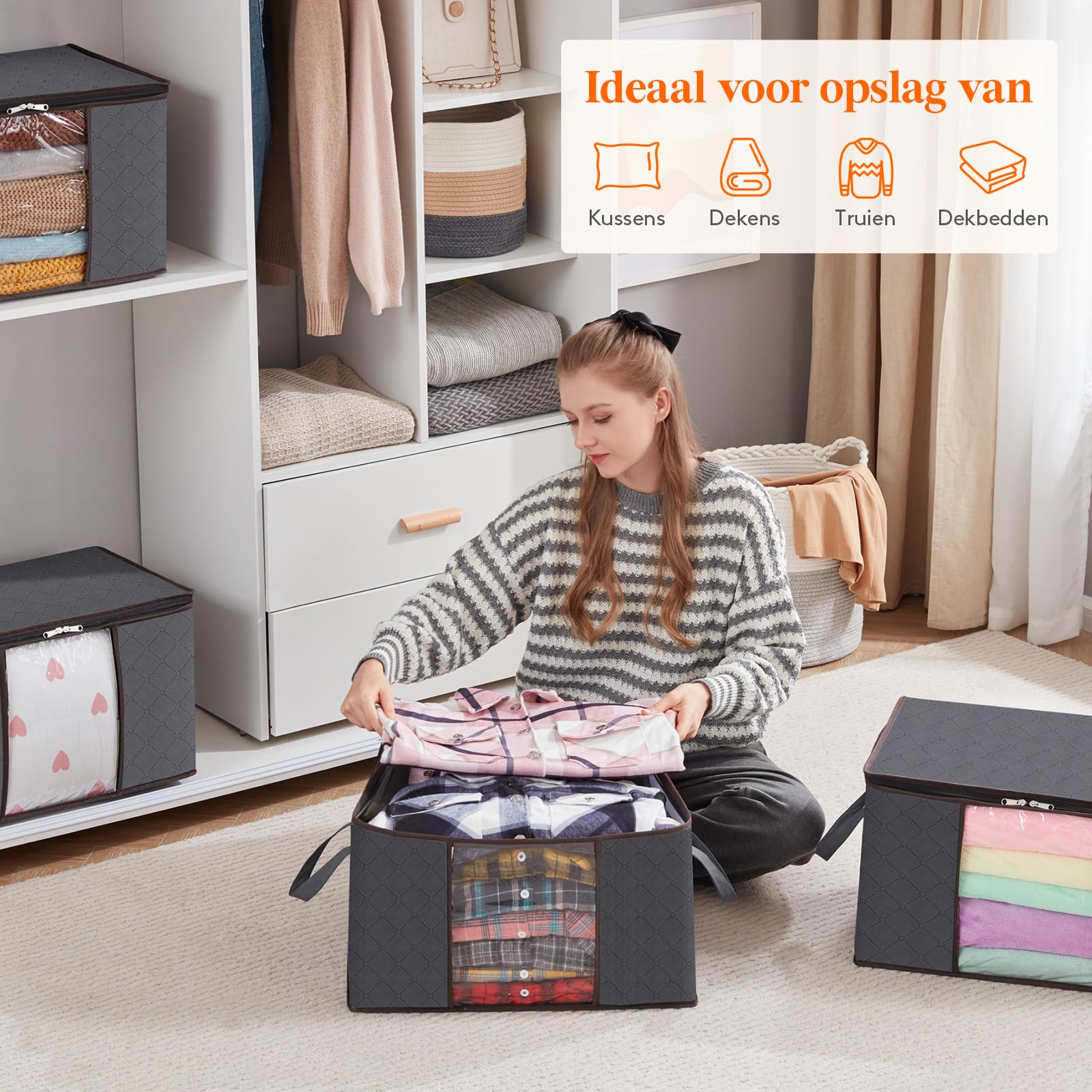 Lifewit opbergtassen, 2 stuks, 60 l, opbergdoos met deksel, kledingorganizer, opvouwbare kledingopslag, verhuisdozen met versterkte handgreep voor dekbedden, kleding, deken, grijs