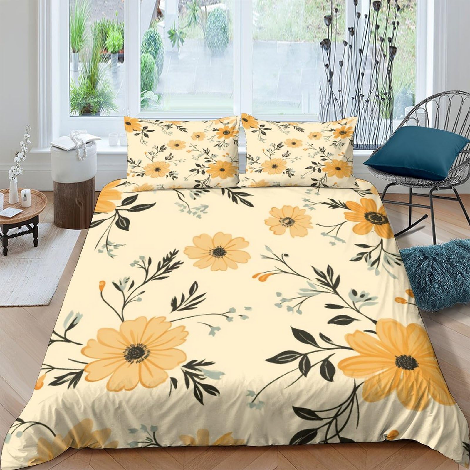 Housse de couette 220x240cm jaune à fleurs et 2 taies d'oreiller en microfibre par IOFEER