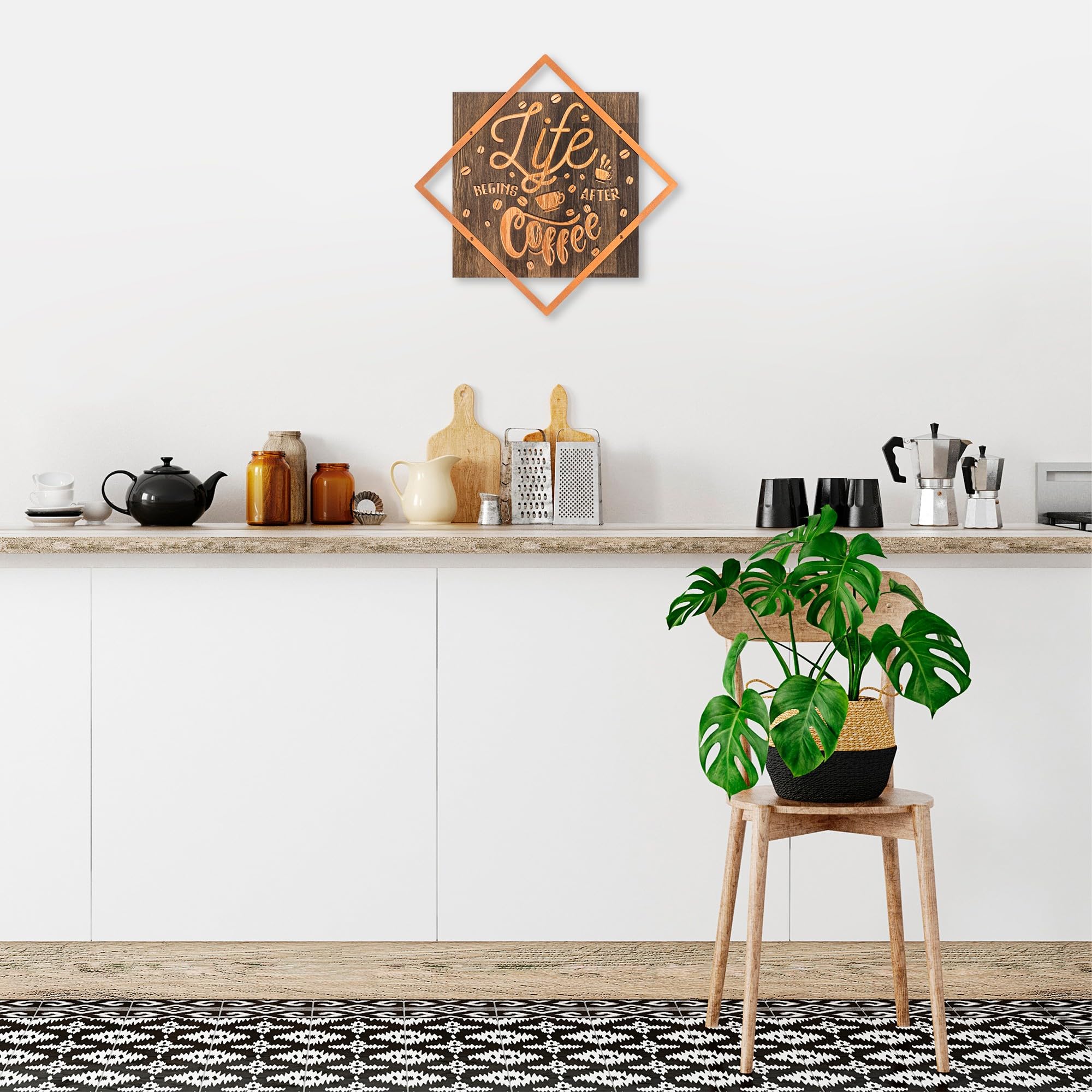 Elegant Decorative Wooden Wall Accessory, 54 x 54 cm, Walnut & Copper, 50% Wood (3 cm) & 50% Metal (1.5 mm), Wall Mountable, Unique Design