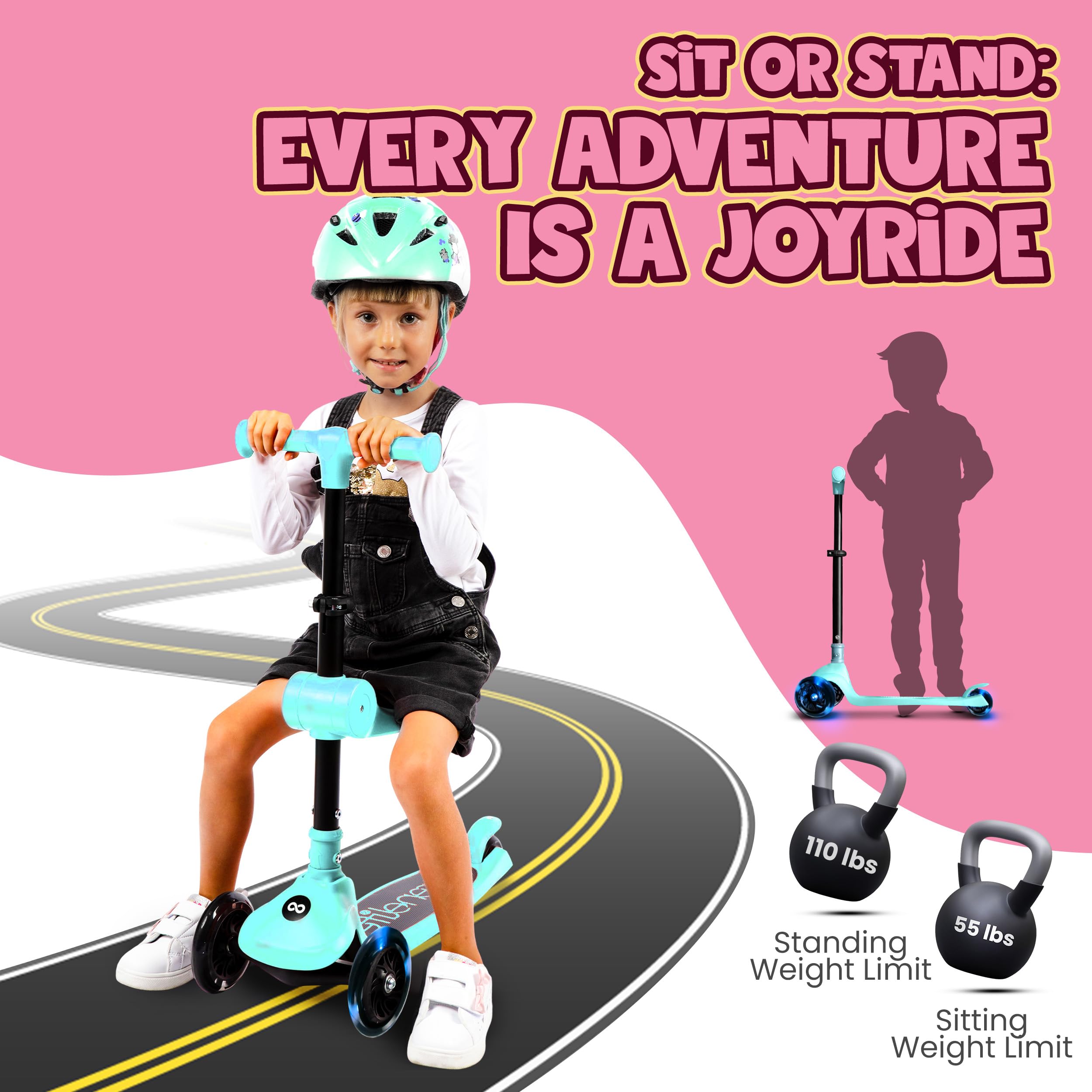 SereneLife 3-Wheel Foldable Kids Scooter – LED Wheel Lights, Adjustable Handlebar, Rear Foot Brake, Lean-to-Steer, Anti-Slip Deck – Ideal for Toddlers & Kids 2+, up to 110 lbs