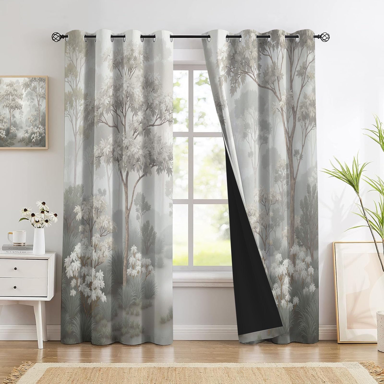 Rideau occultant vert foncé motif paysage de forêt 140x260cm pour salon