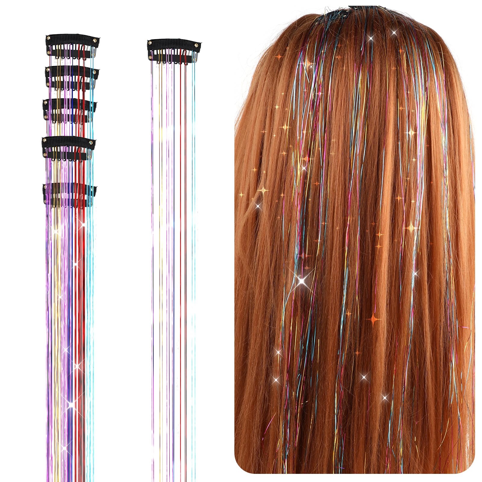 Abeillo Clip in Hair Tinsel Extensions, 6Pcs Tinsel Hair Extensions 20 Inch Sparkle Hair Tinsel Strands Kit for Girls Women, Dazzle Hair Accessories for Christmas Halloween Cosplay Party (Multicolor)