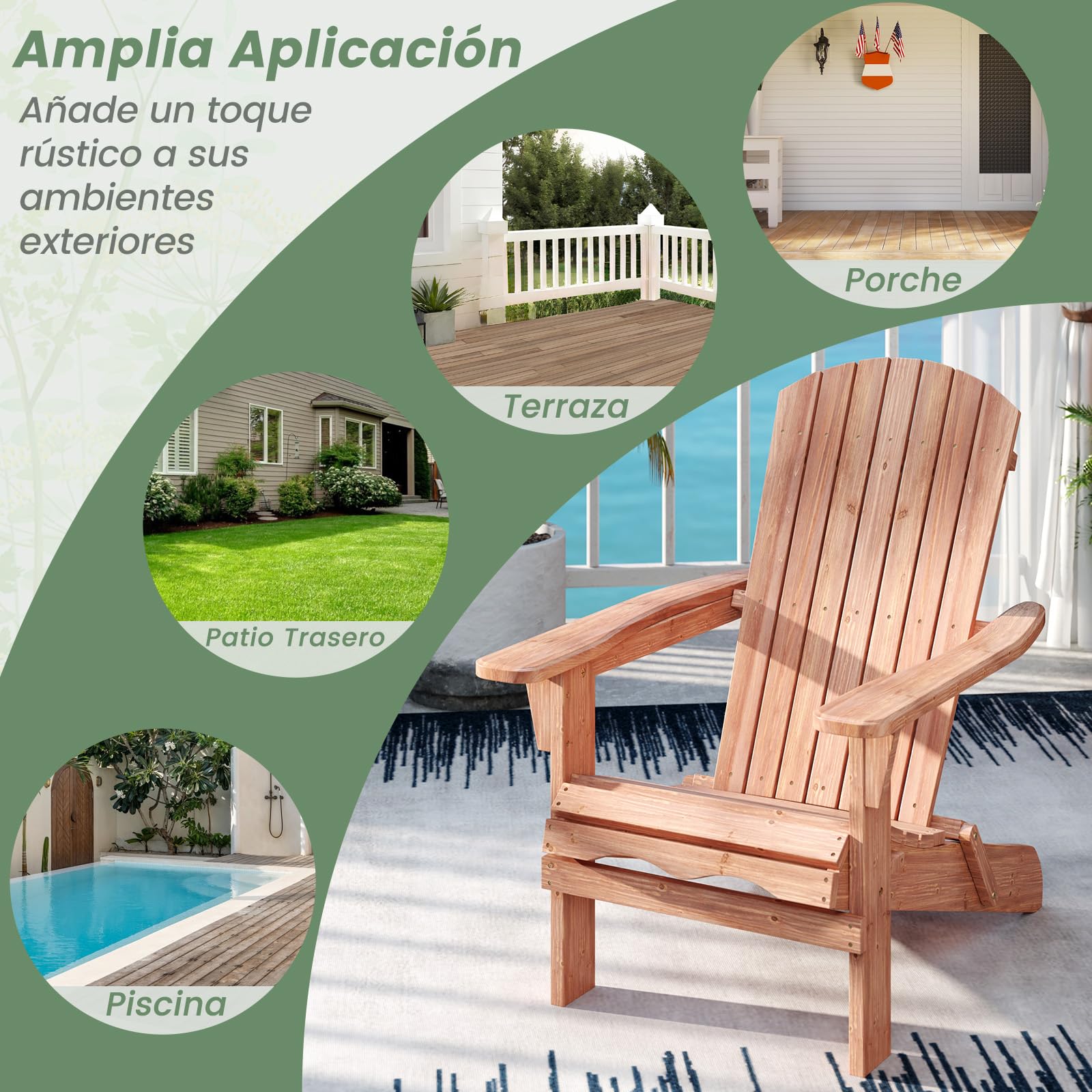 GIANTEX Juego de 1/2 Sillas Adirondack Plegables, Tumbona de Exterior con Estructura de Madera de Abeto, Respaldo Alto y Reposabrazos, Carga hasta 180 kg, Sillas para Patio, Jardín (1, Natural)