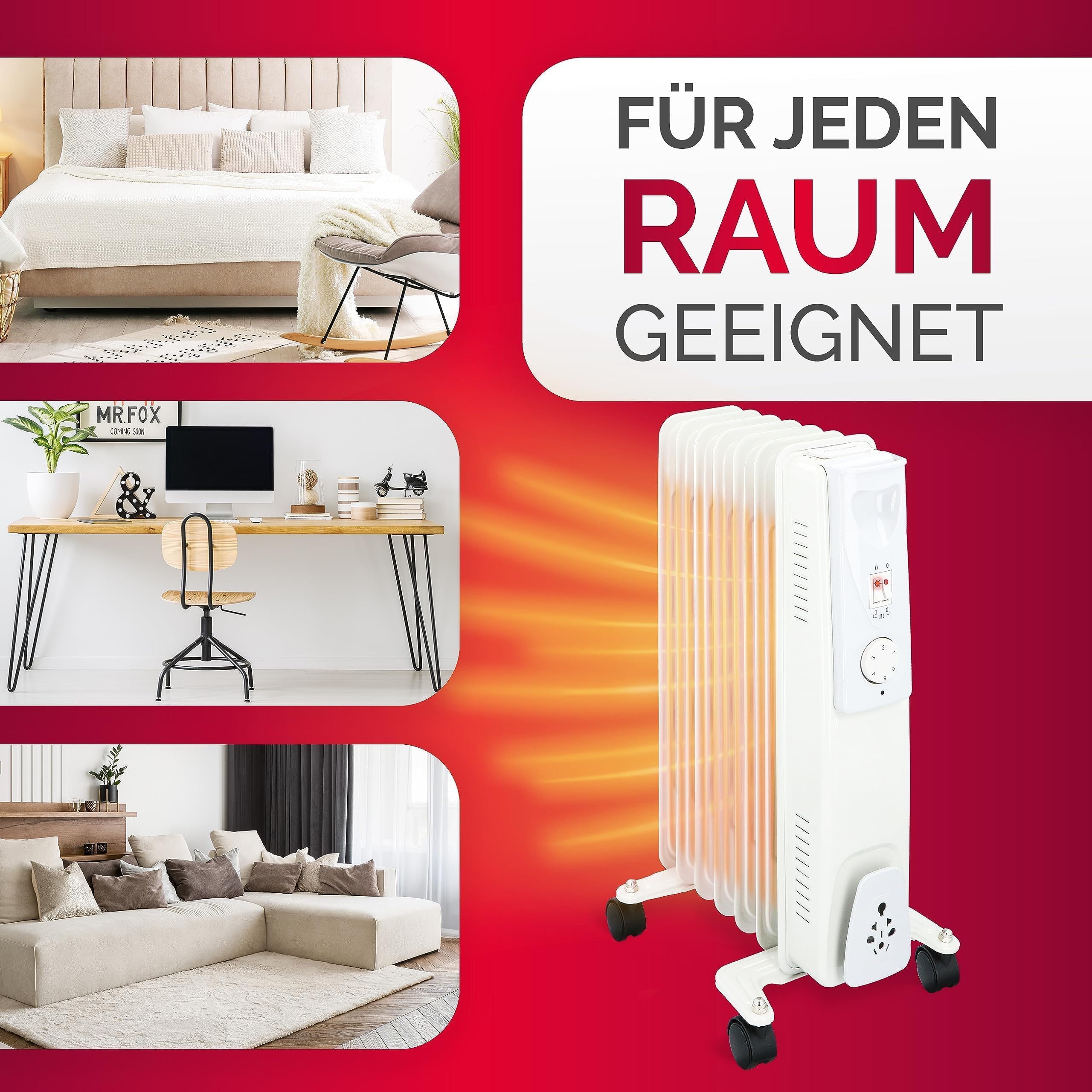 alpina Radiateur Bain d’Huile 1500W – Chauffage Bain d’Huile avec Thermostat – Radiateur Mobile avec roulettes et Protection Surchauffe – Blanc