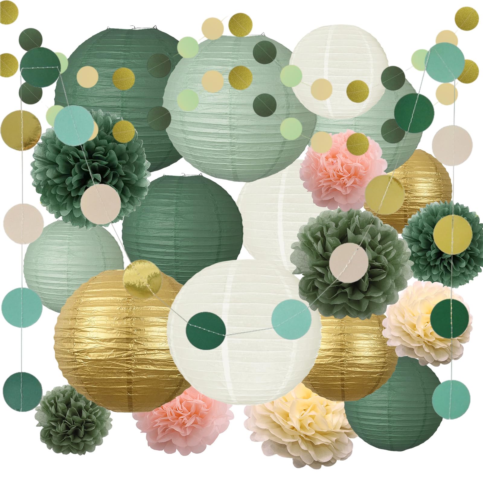 Set di 23 lanterne di carta, verde salvia e oro, lanterne rotonde di carta per sposa, decorazioni di nozze, feste di compleanno, giardino, verde salvia