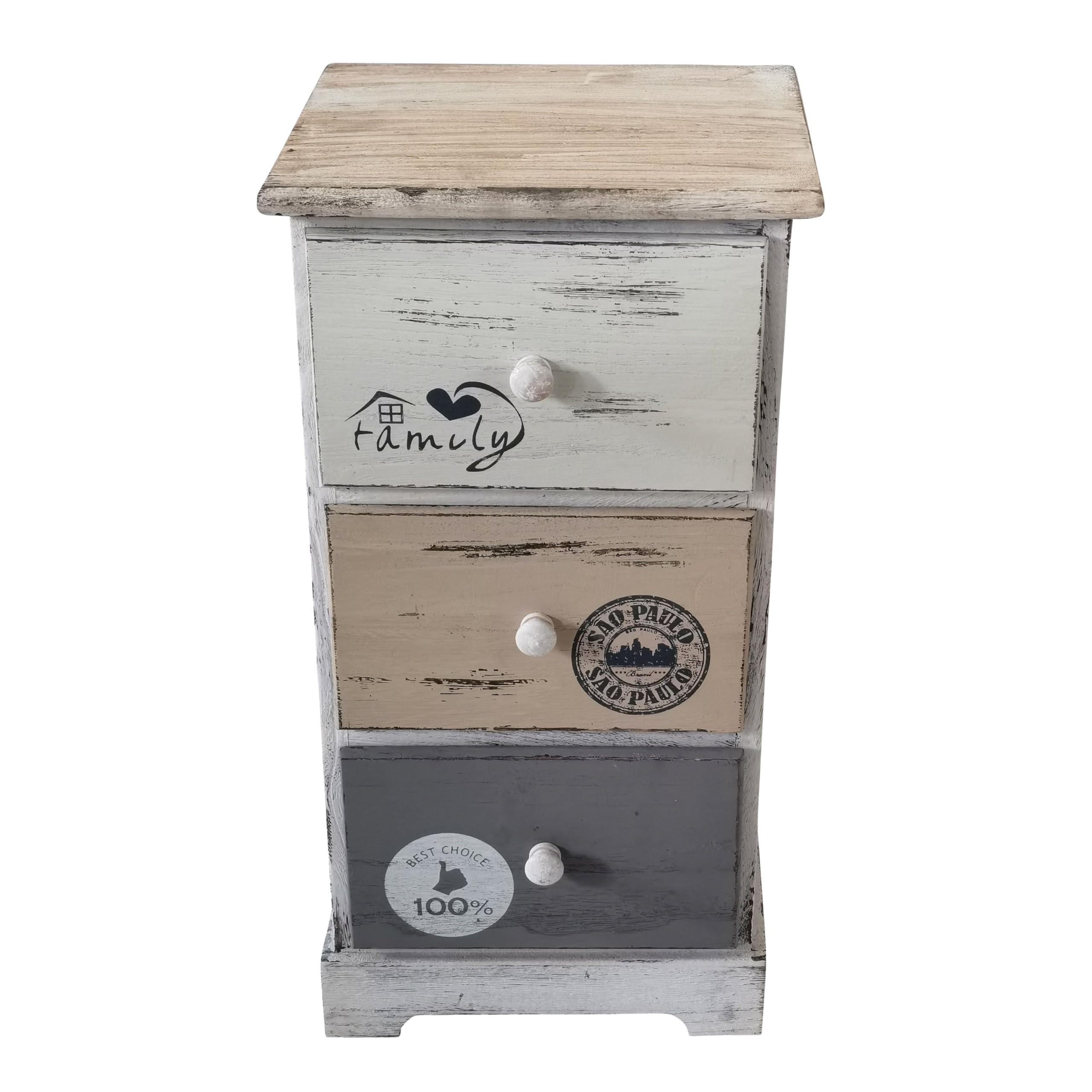 milani home - mobiletto in legno con 3 cassetti, grigio chiaro, stile shabby chic, 29 x 25 x 56 cm