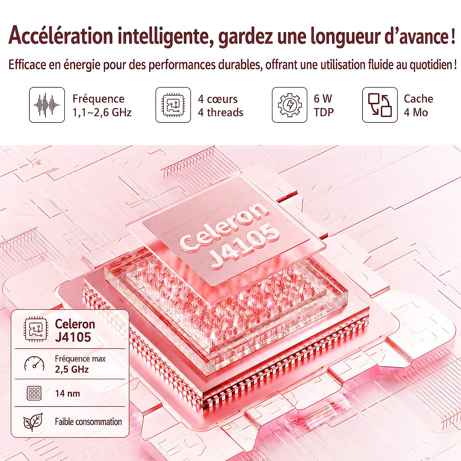 Ordinateur Portable 14 Pouces Léger, PC Portable Windows 11 Pro, Celeron J4105, 8 Go DDR4, Écran FHD IPS 1920x1080, WiFi 5G Bluetooth, Mini HDMI USB 3.0, Clavier AZERTY (Or Rose, 8+256G)