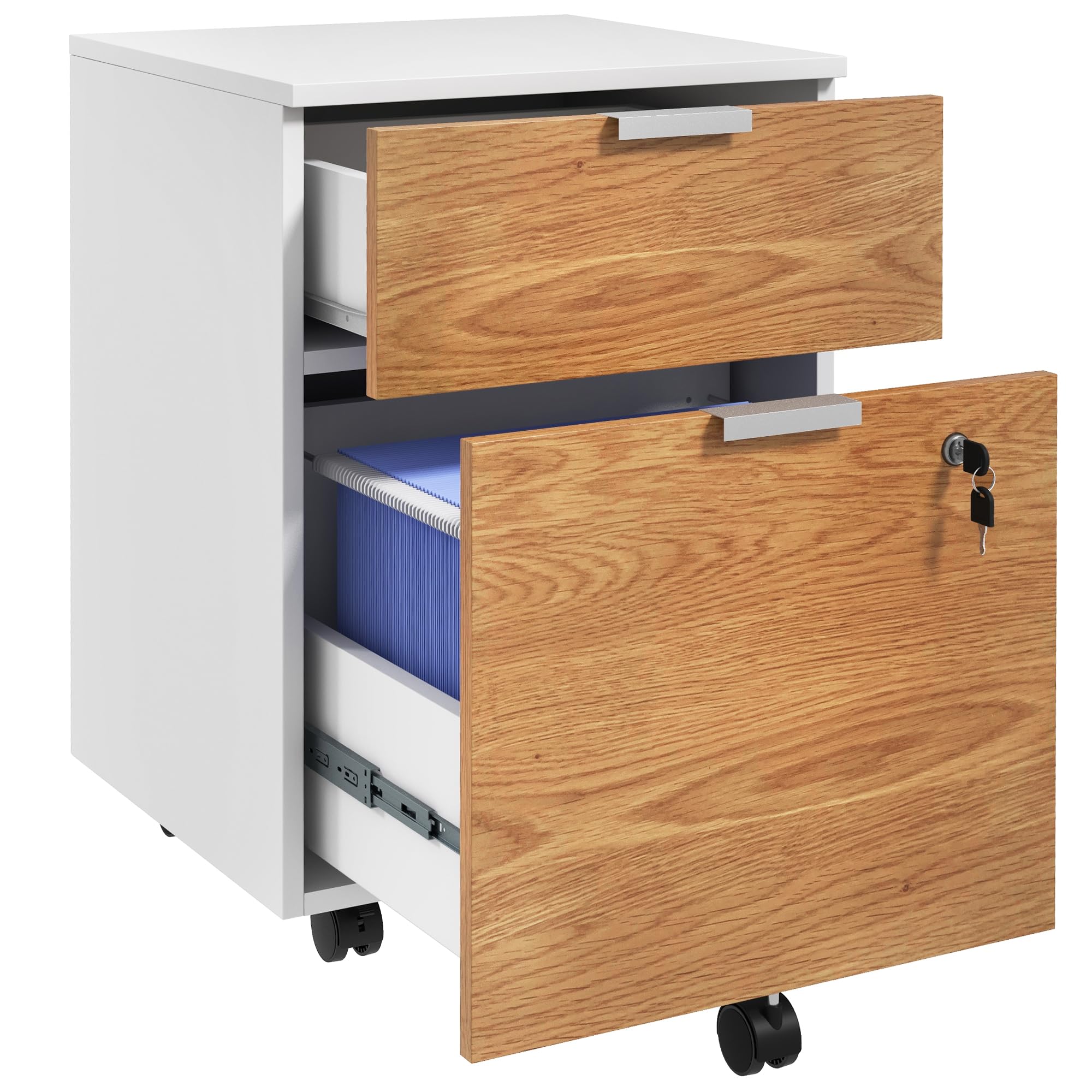 HOMCOM Cajonera de Oficina con Ruedas Mueble Archivador con 2 Cajones Barra Colgante para Carpetas A4 y Carta Cerradura en Cajón Inferior 42x40x60 cm Blanco y Natural