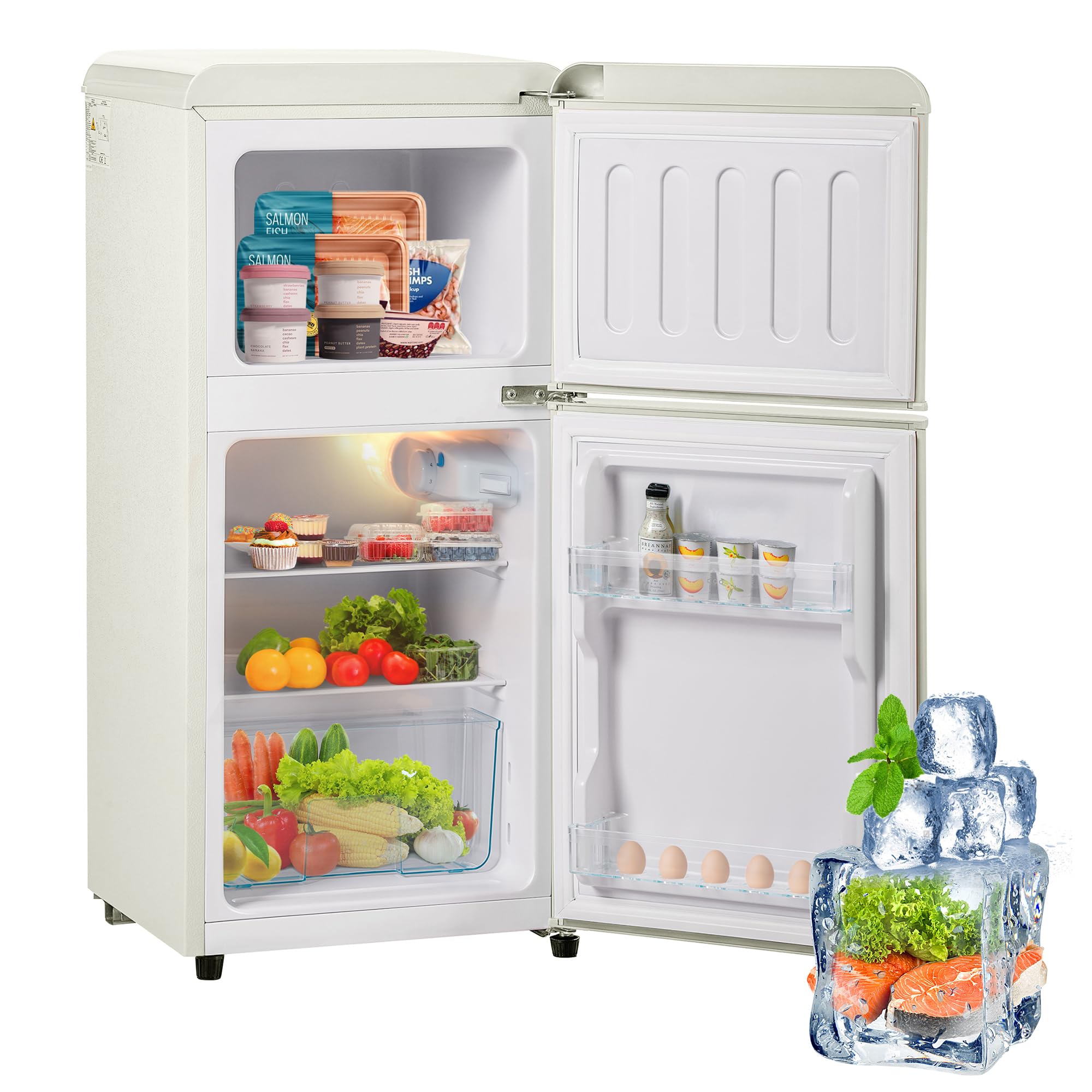 Frigorífico Mini 60L, Frigorifico Pequeño con Congelador (22L+38L), Frigorifico Combi con LED luz, 88,8x45,5x42 cm Frigorífico no Frost con Estantes Ajustables, 102 kWh/año, -27°C∽13°C (White)