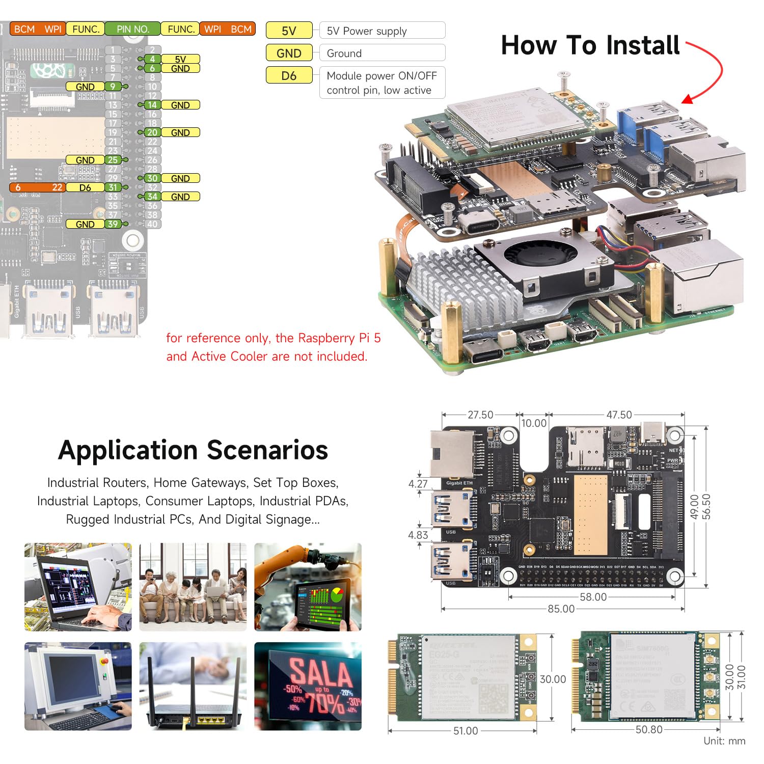 Waveshare PCIe to MiniPCIe/Gigabit Ethernet/USB 3.2 Gen1 HAT+ Compatible with Raspberry Pi 5, Supports Multiple OS and MiniPCIe interface 4G Module (with SIM7600G-H-PCIE),High-speed Networking