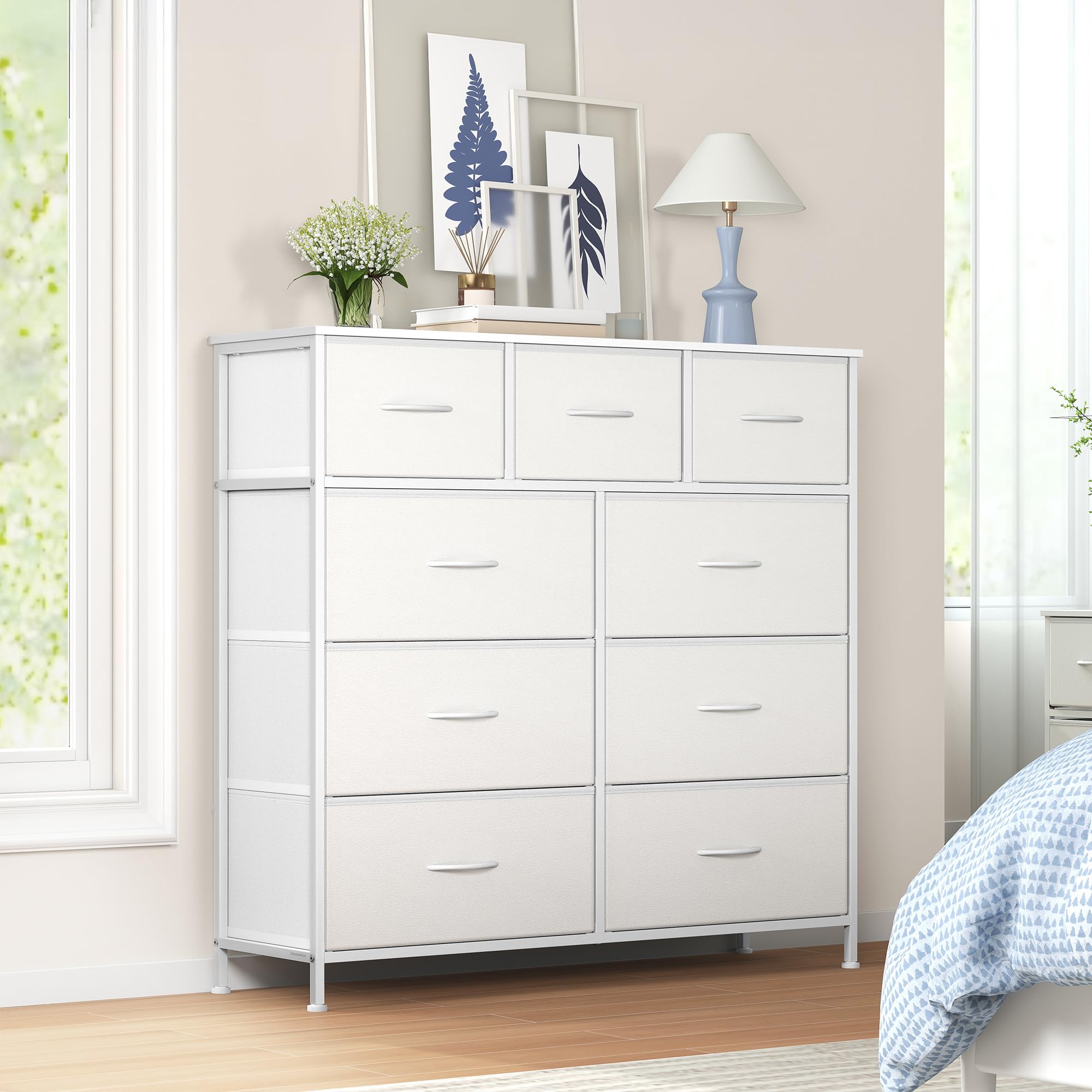 SONGMICS Chest of Drawers, 9 Storage Drawers Bedroom, Storage Unit, Steel, MDF, Non-Woven Fabric, for Bedroom, Closet, Hallway, Living Room, Cloud White and Snow White LGS324WH01