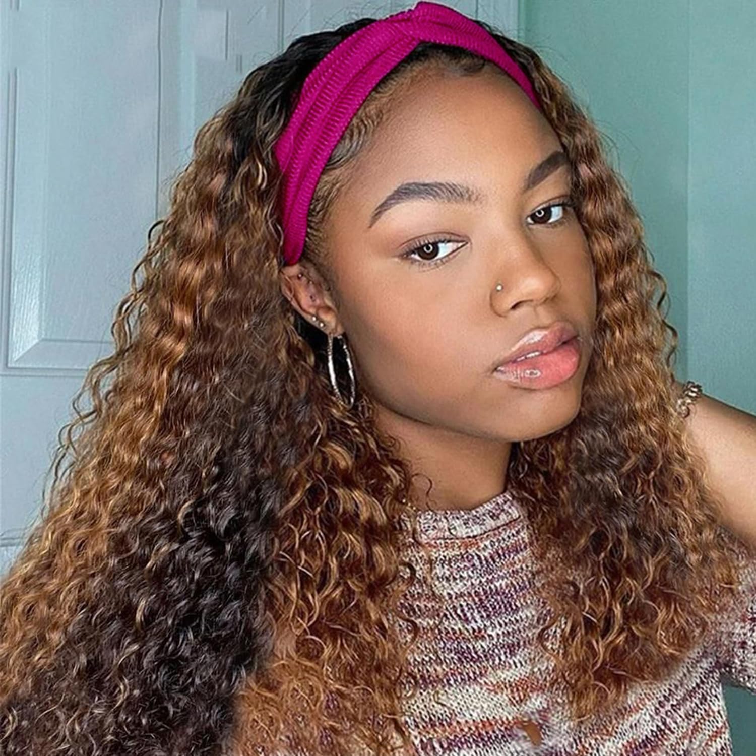 NICMISS Highlight Headband Wig Human Hair Deep Wave 4/27 Ombre Curly Human Hair Headband Wigs for Black Women Glueless None Lace Front Brazilian