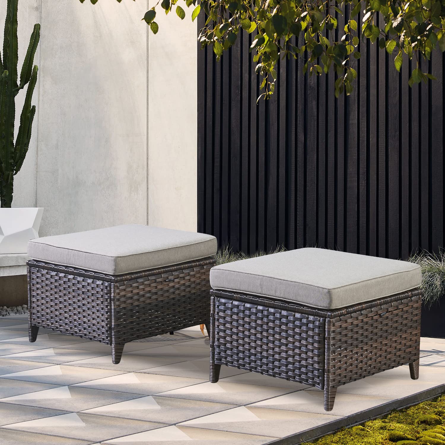 Outdoor Furniture Ottoman Set of 2 Patio Seating Footstool All-weather Rattan Wicker Ottoman Seat with Soft Cushions for Patio Furniture Set