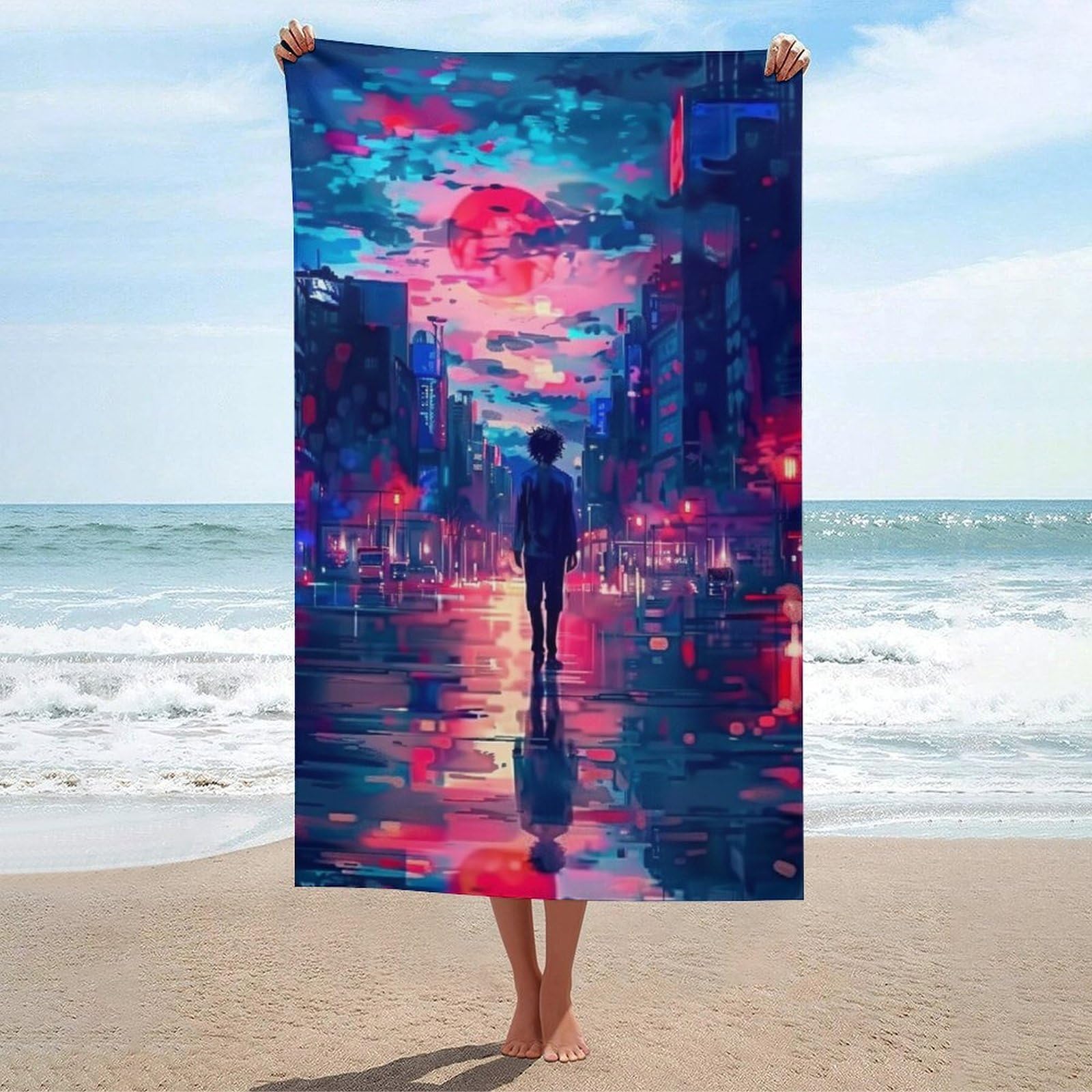 Serviette de plage ultra-compacte et super absorbante Neon Cityscape bain