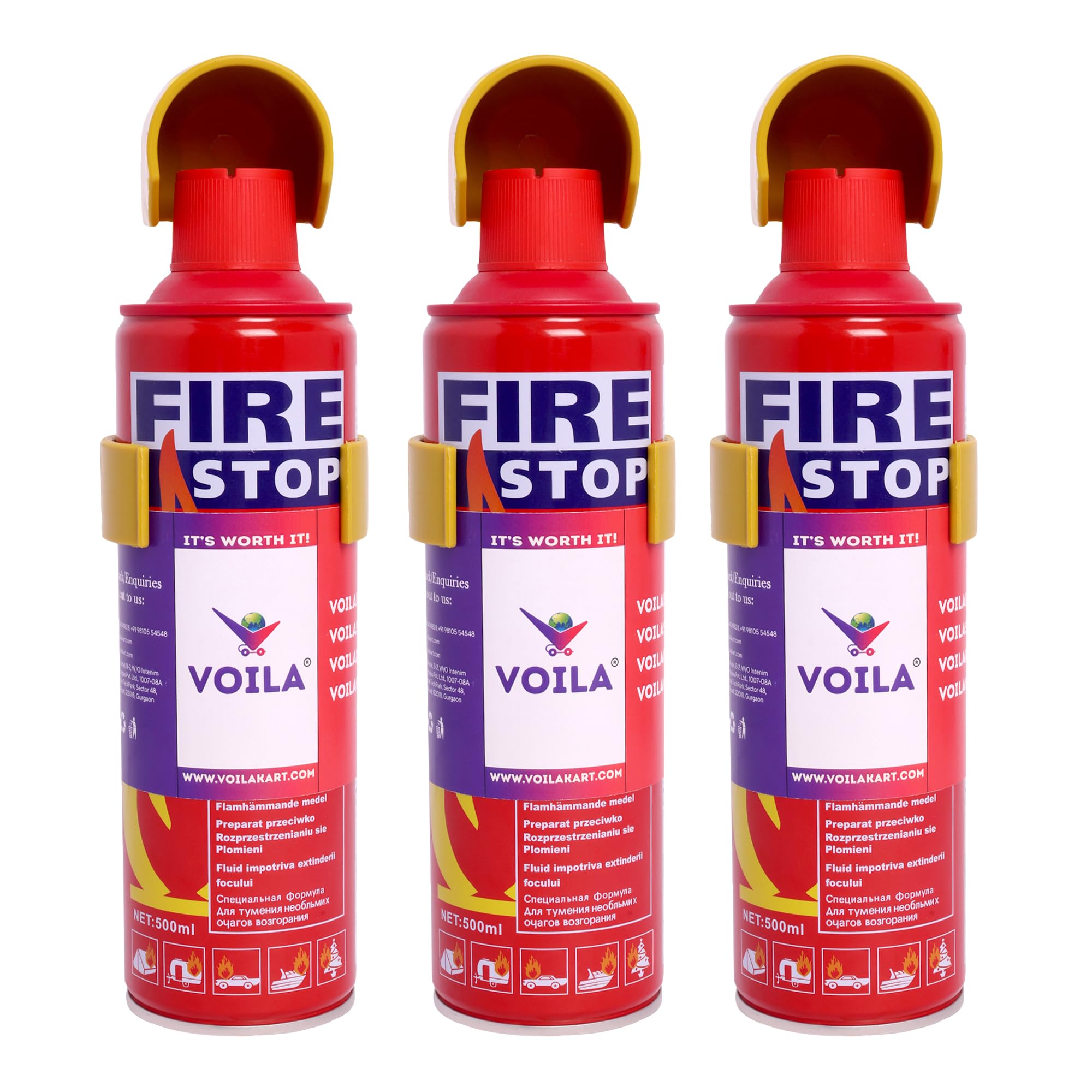 VOILA Fire Extinguisher for Car & Home (500ml), Portable, Compact & Easy to Use, Includes Mounting Stand, Ideal for Car, Taxi, Auto, Vehicle, Home, Office, for Non-Electrical Fire (Pack of 3)