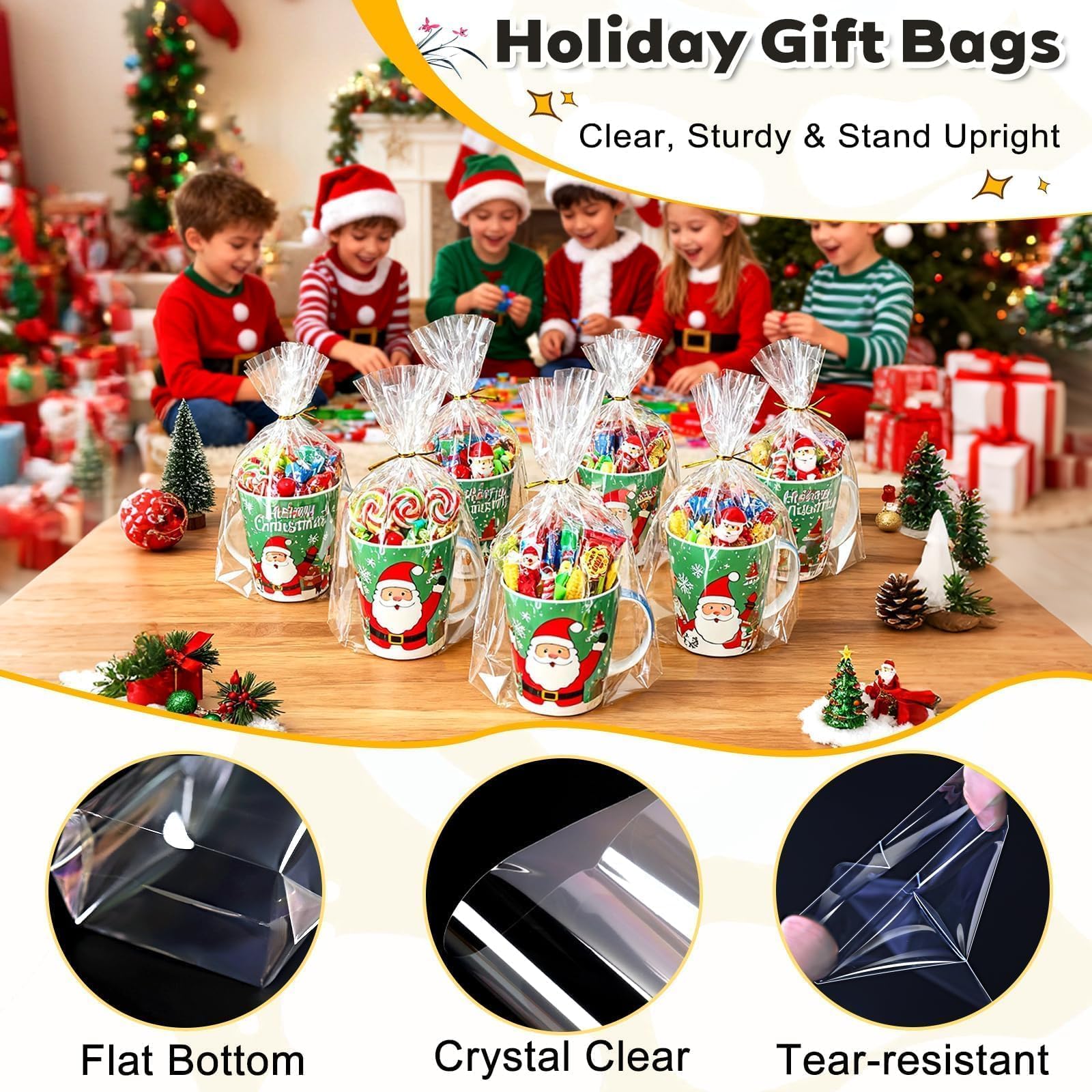 PigPotParty Cellophane Bags 8x11 Inch, 50 Pack Clear Plastic Gift Bags with Bottom Gusset for Stand-Up Display, Medium Cello Gift Wrap for Goodies, Treats, Party Favors, Mugs, Includes 50 Gold Ties