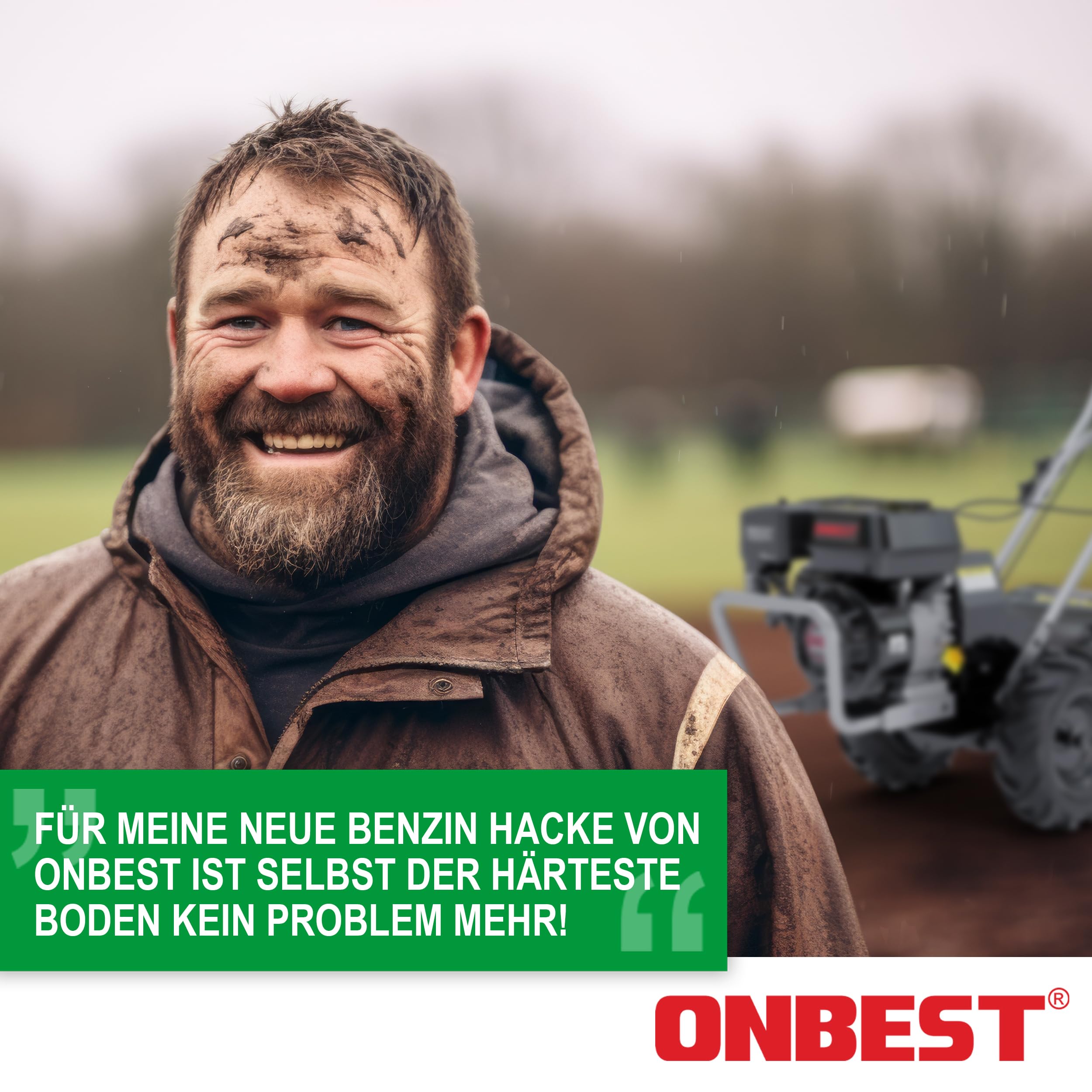 ONBEST Gartenfräse Benzin 7 PS – 48 cm Arbeitsbreite, 12 Messer | 4-Takt Motor, 4,1 kW, 175–350 mm Arbeitstiefe – Gartenhacke und Kultivator für Bodenbearbeitung im Garten