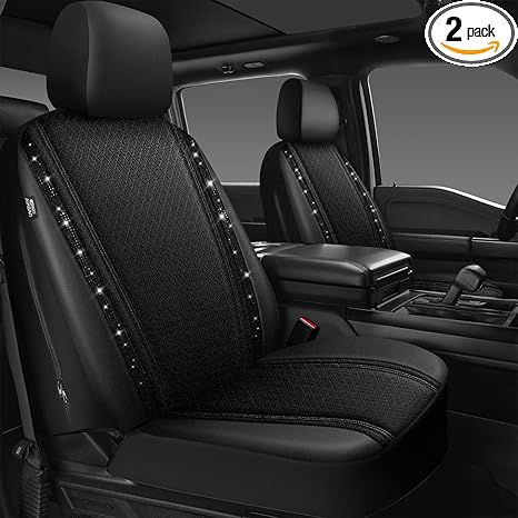CAR PASS Memory Foam Mesh Bling Diamond Car Seat Cover 2 Front Seats Breathable Soft Sponge Universal Shining Glitter Sparkly Crystal Fit Armrest Automotive Truck SUV Cute Women Girl, Black Rhinestone